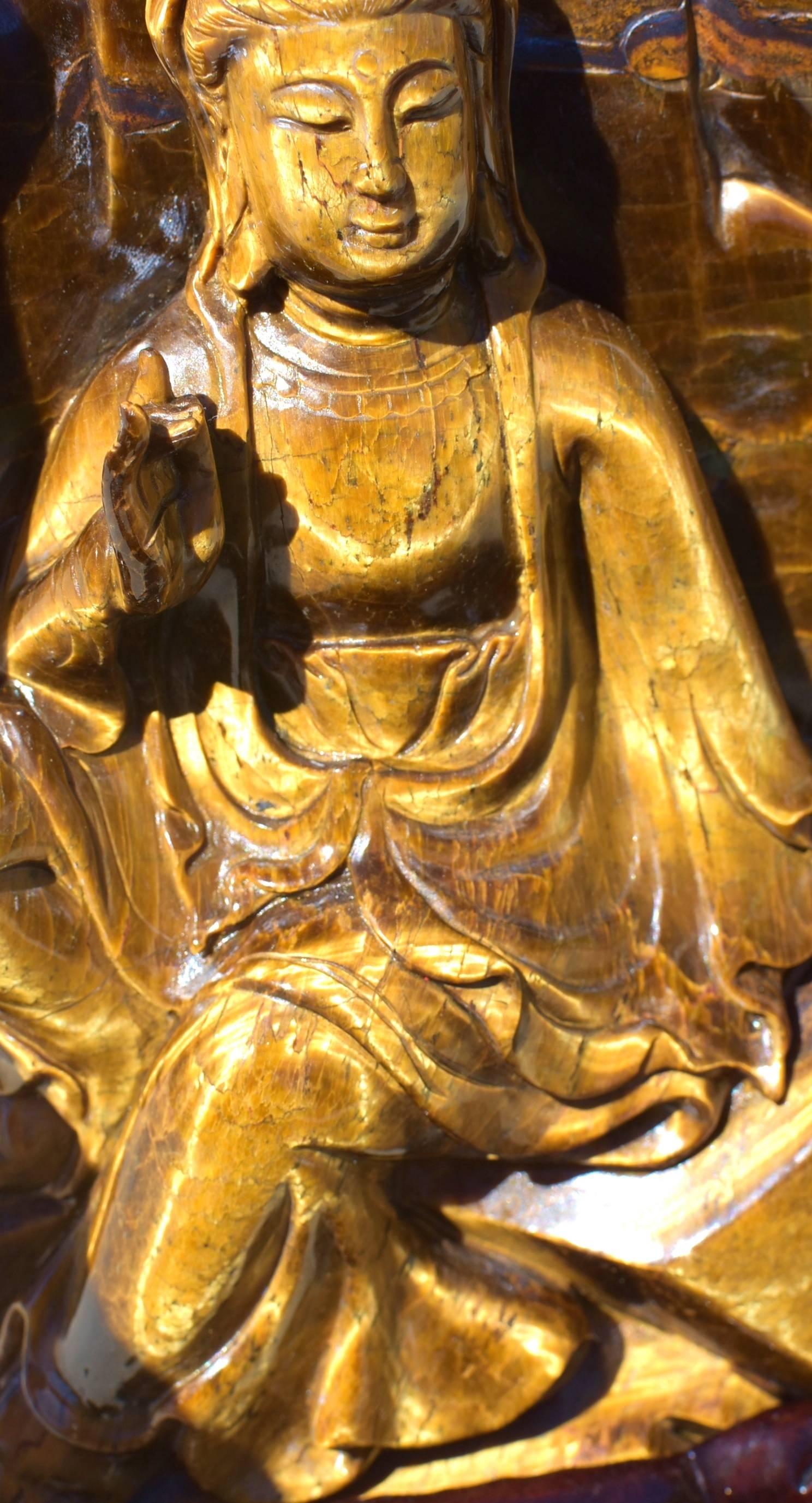 Large Natural Tiger's Eye Kwan Yin Buddha Statue In Excellent Condition In Somis, CA