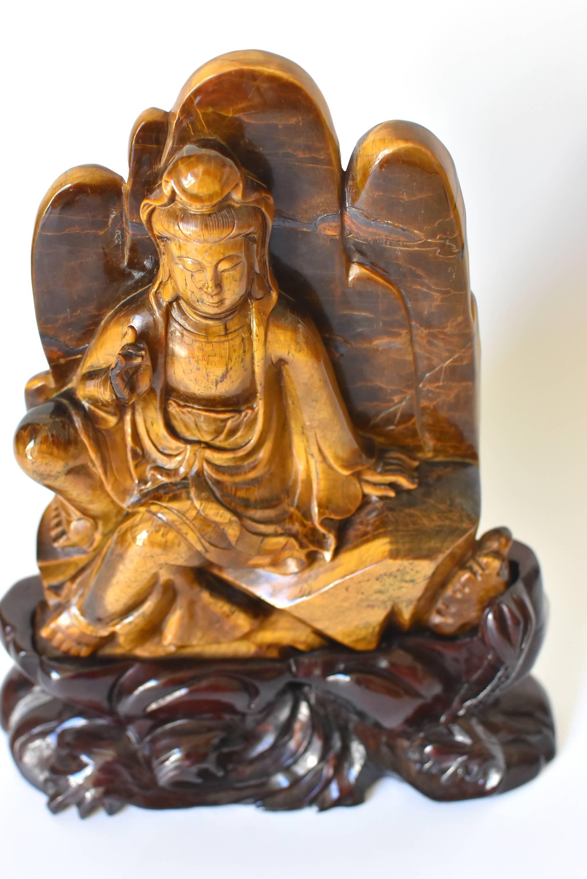 Large Natural Tiger's Eye Kwan Yin Buddha Statue 1