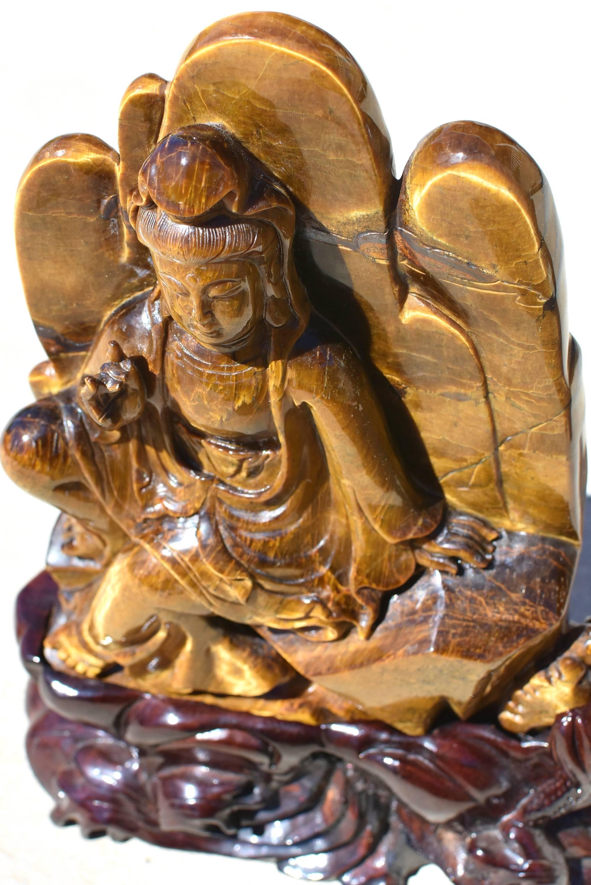 Large Natural Tiger's Eye Kwan Yin Buddha Statue 3