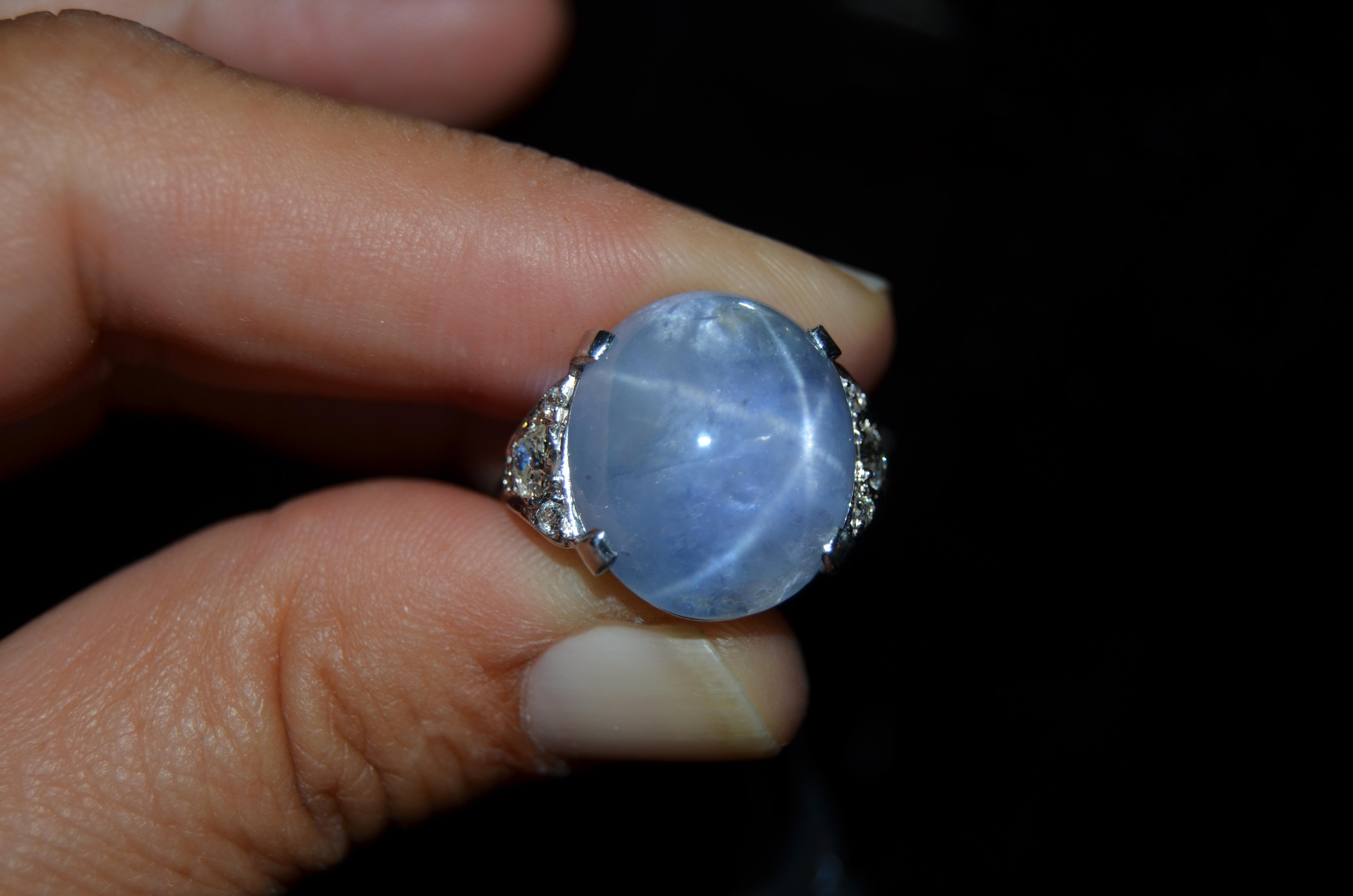 Large Natural Untreated 23+ Carat Star Sapphire & Diamond Ring 14K In Good Condition For Sale In Saratoga, CA
