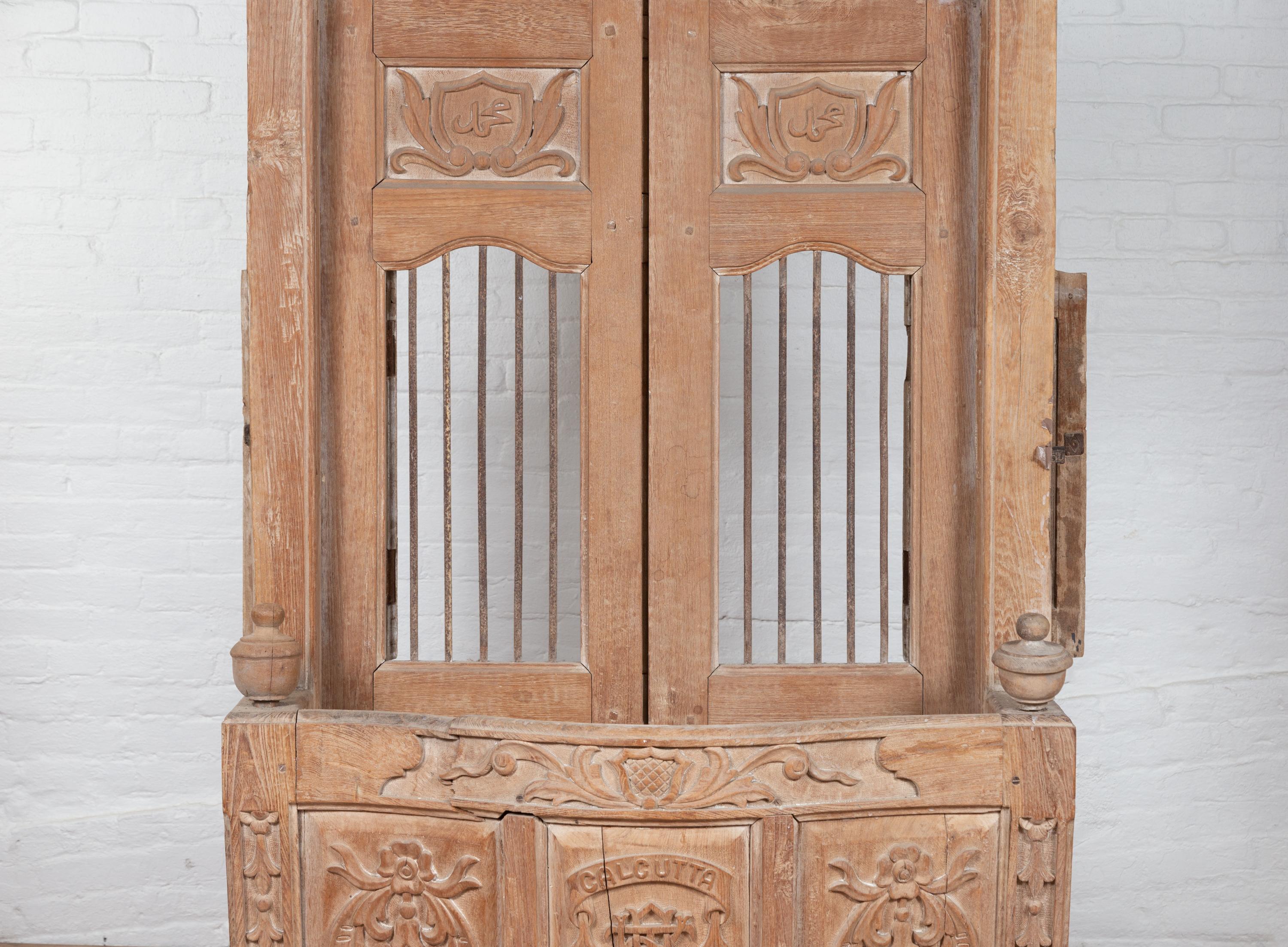 Large Natural Wood Bonnet Top Window Balcony with Hand Carved Foliage Motifs For Sale 4