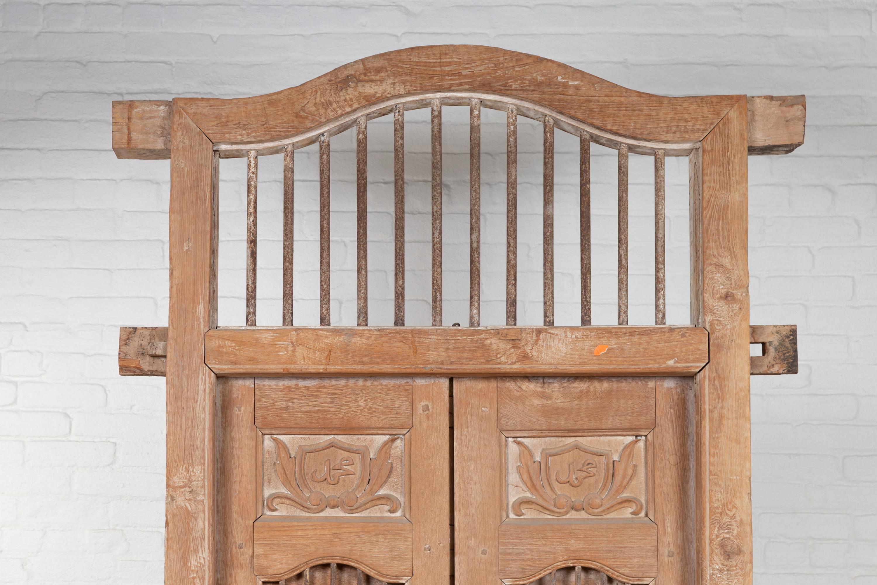 Large Natural Wood Bonnet Top Window Balcony with Hand Carved Foliage Motifs In Good Condition For Sale In Yonkers, NY