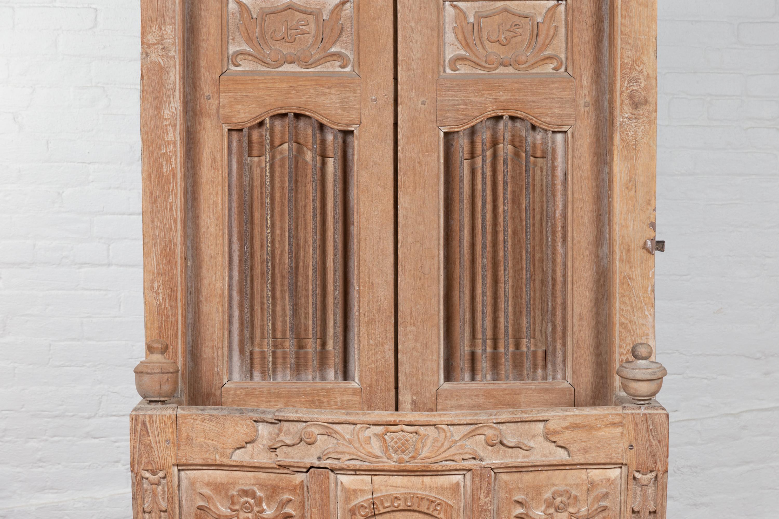 Large Natural Wood Bonnet Top Window Balcony with Hand Carved Foliage Motifs For Sale 1