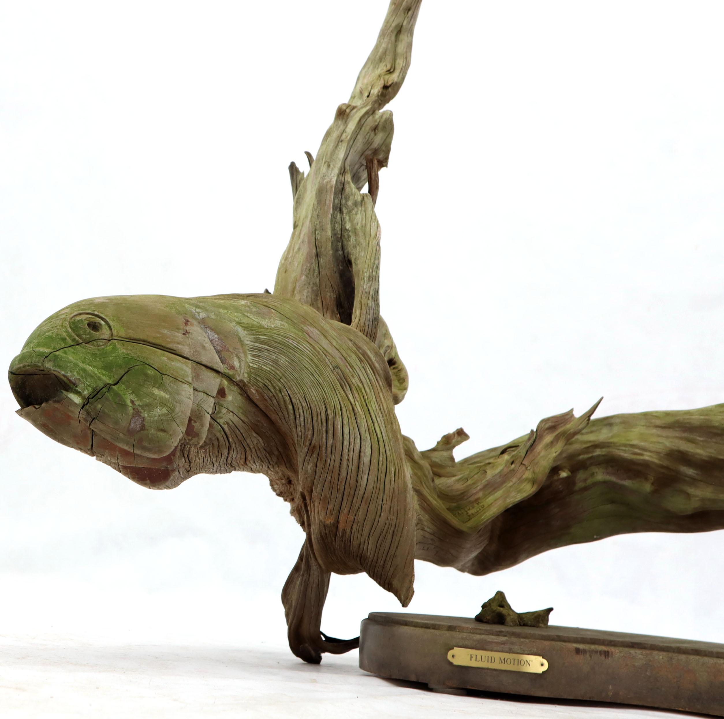 Large Natural Wood Fish Shape Driftwood Sculpture Artist Signed For Sale 2