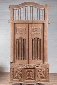 Large Natural Wood Window Balcony with Hand Carved Foliage Motifs and Bonnet Top