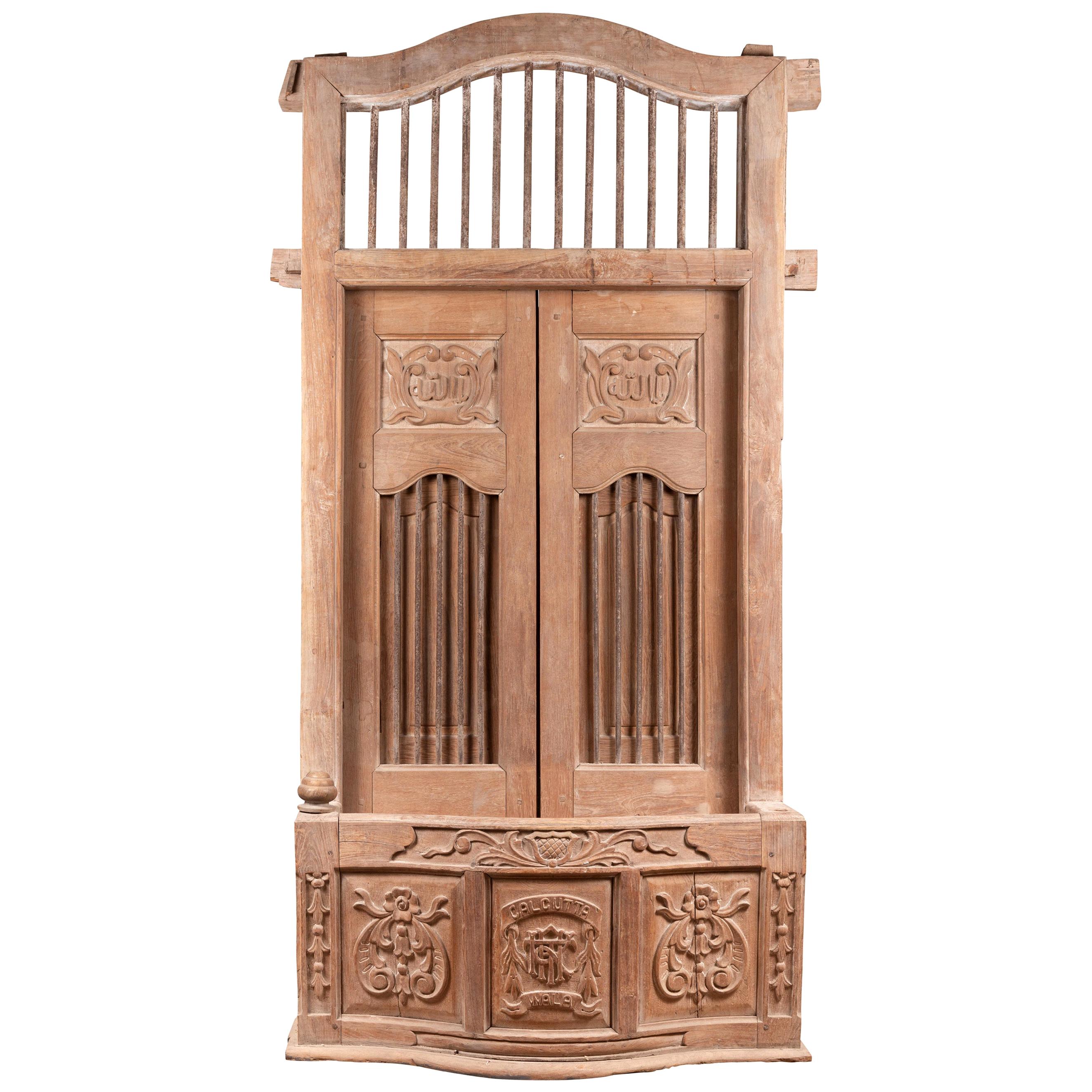 Large Natural Wood Window Balcony with Hand Carved Foliage Motifs and Bonnet Top