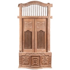 Antique Large Natural Wood Window Balcony with Hand Carved Foliage Motifs and Bonnet Top