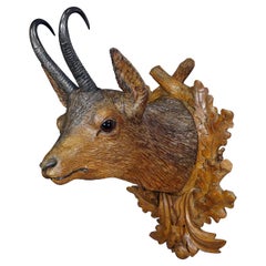Large Naturalistic Black Forest Carved Chamois Head, ca. 1910