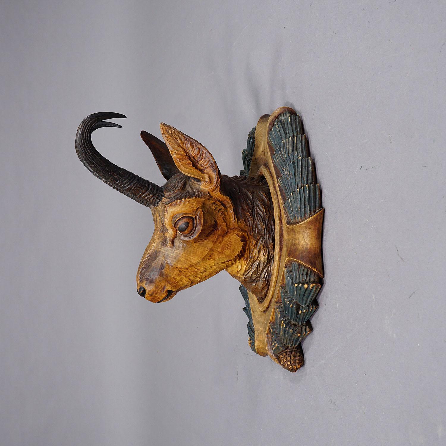 Rustic Large Naturalistic Black Forest Carved Chamois Head, ca. 1930s