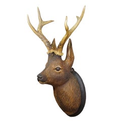 Large Naturalistic Black Forest Carved Deer Head, ca. 1930s