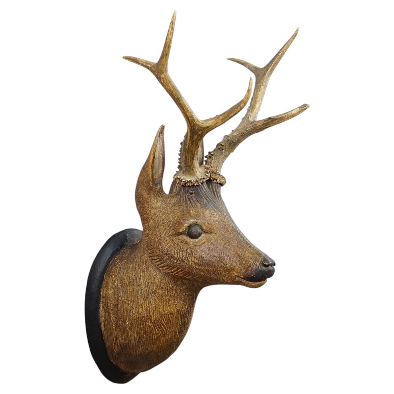 Large Naturalistic Black Forest Carved Deer Head, ca. 1930s For Sale