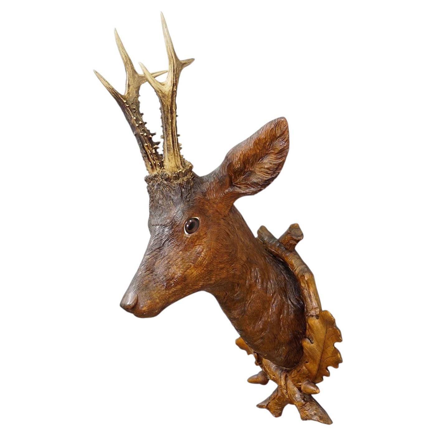 Large Naturalistic Black Forest Carved Deer Trophy, ca. 1920s