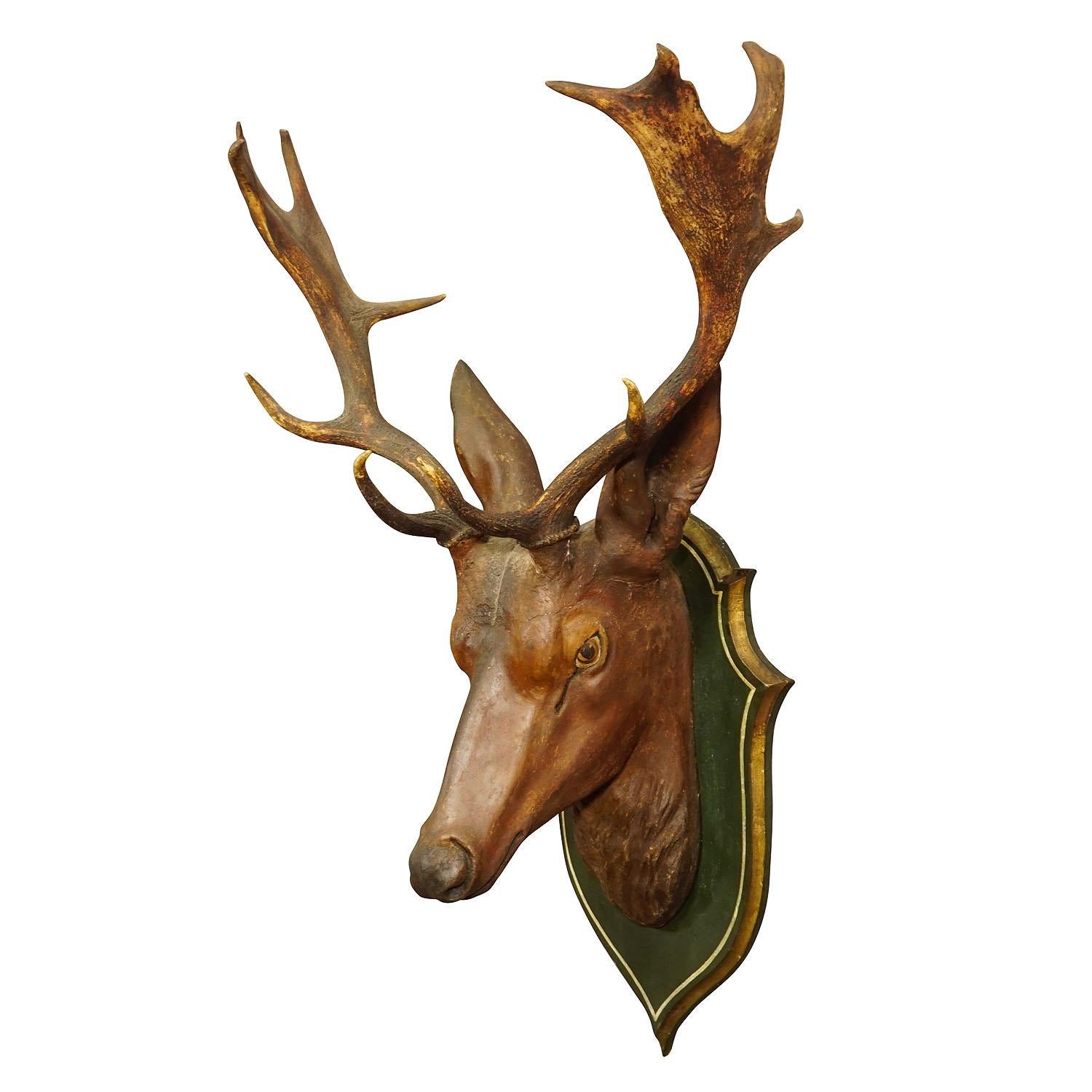 Large naturalistic black forest carved fallow deer head, circa 1910

An antique wooden carved Black Forest fallow deer head carved in naturalistic style. With a pair of large fallow deer antlers. hand carved in Germany around 1910. A great