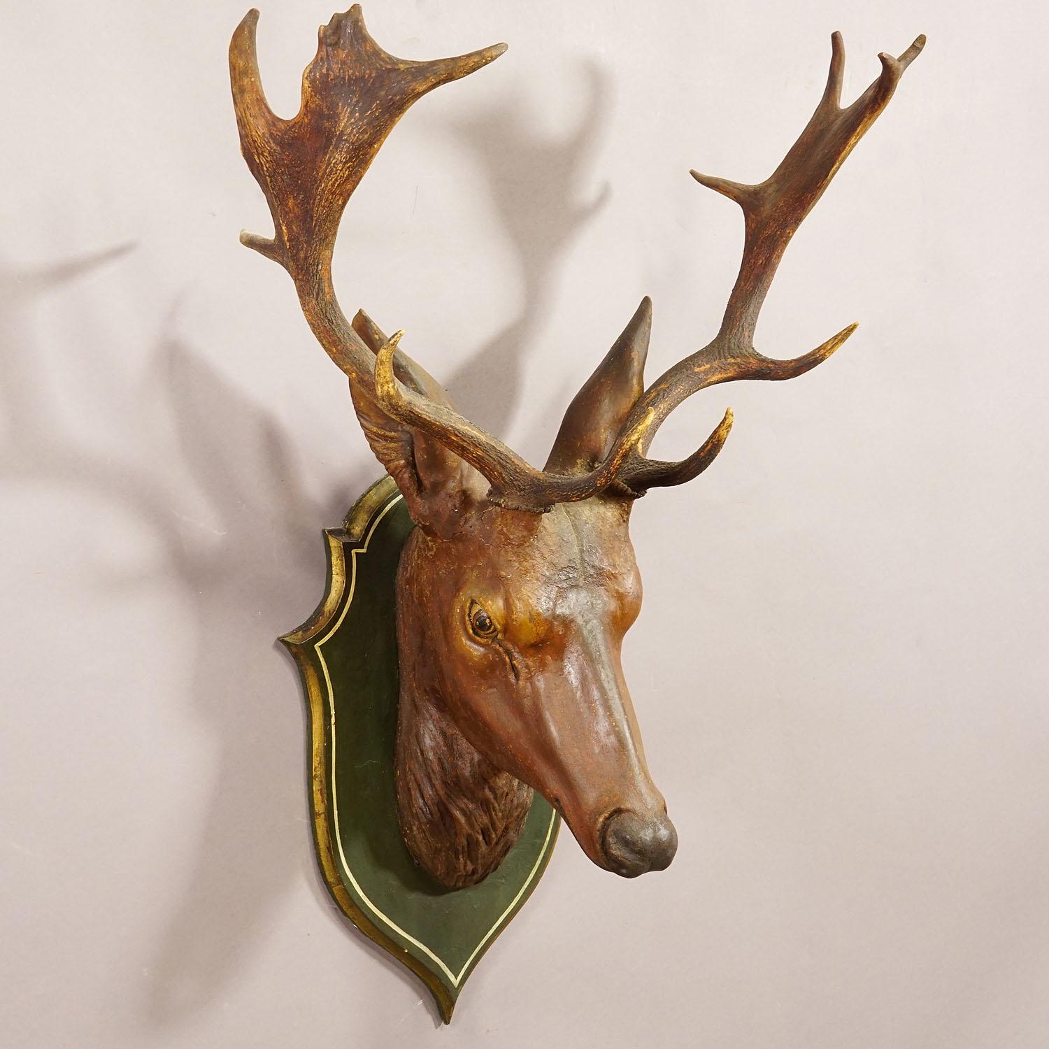 Rustic Large Naturalistic Black Forest Carved Fallow Deer Head, circa 1910