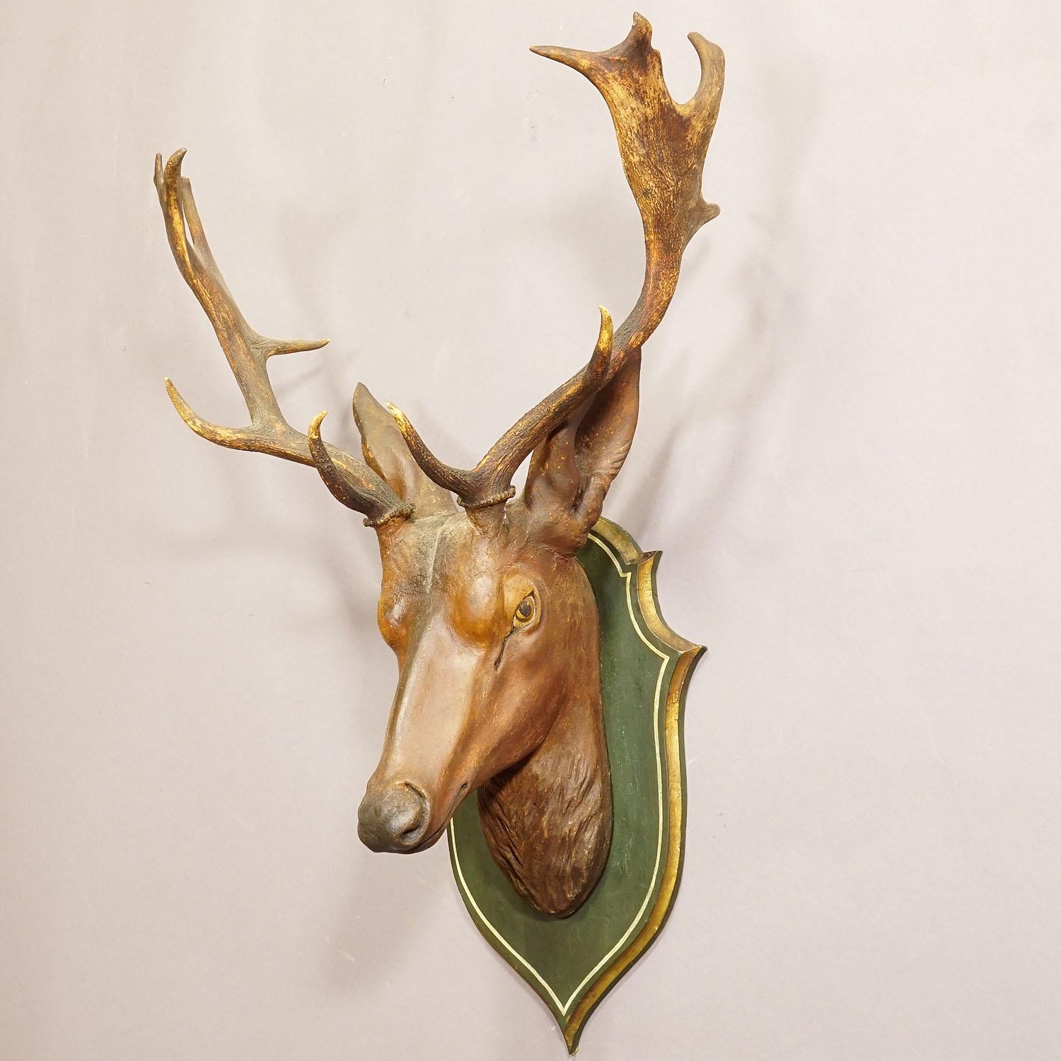 20th Century Large Naturalistic Black Forest Carved Fallow Deer Head, circa 1910