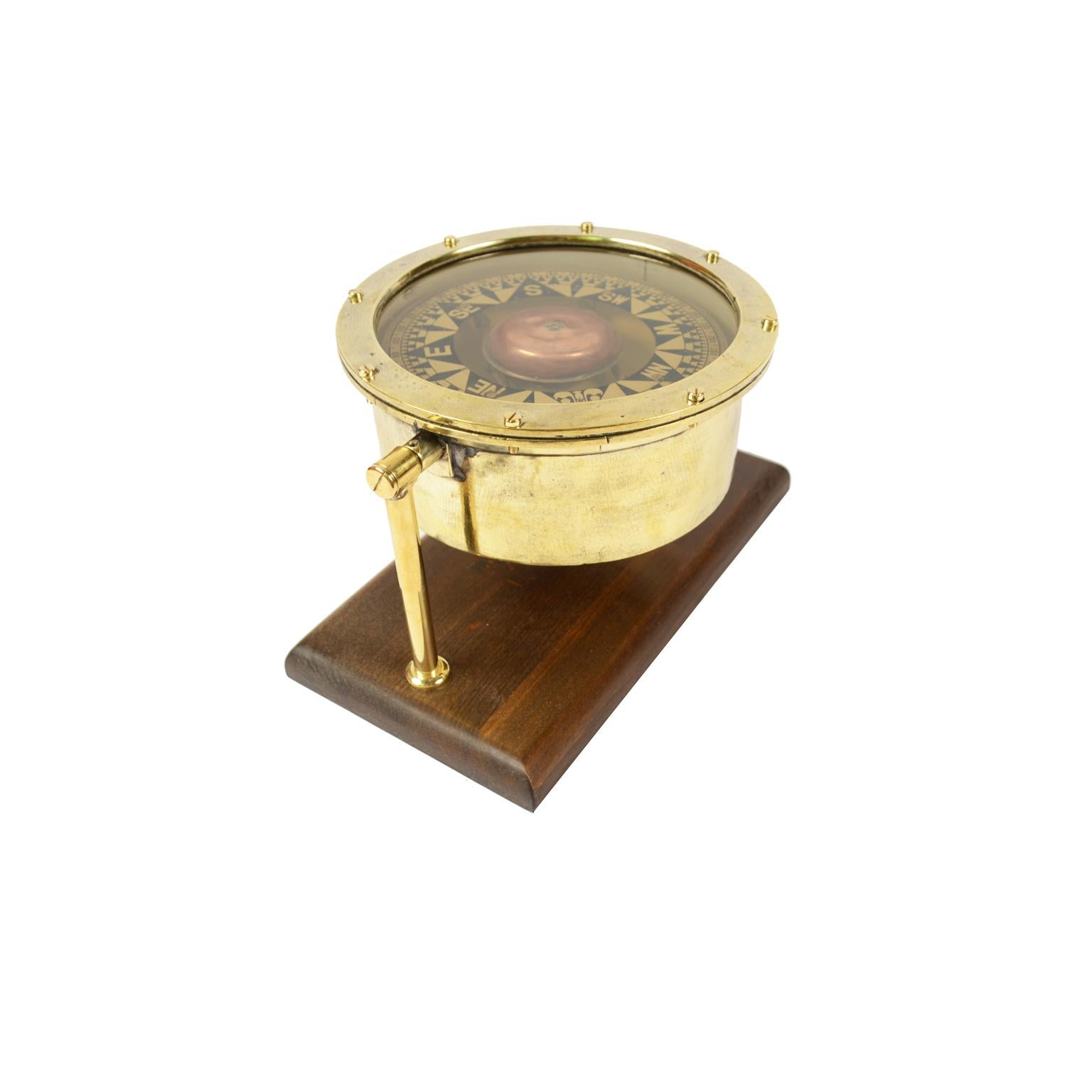 Brass Large Nautical Compass Second Half of the 19th Century on Wooden Board