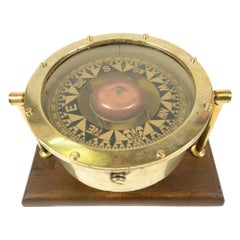 Antique Large Nautical Compass Second Half of the 19th Century on Wooden Board