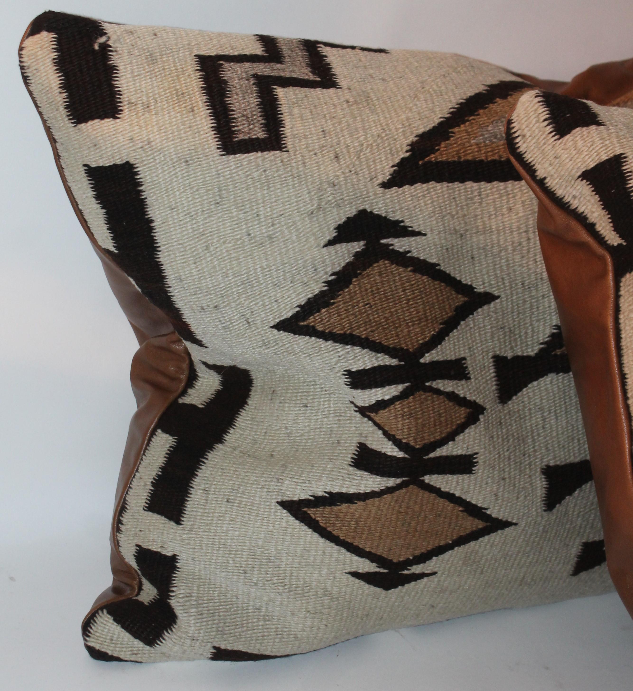 Large Navajo Indian Weaving Bolster Pillows with Leather Backing In Good Condition In Los Angeles, CA