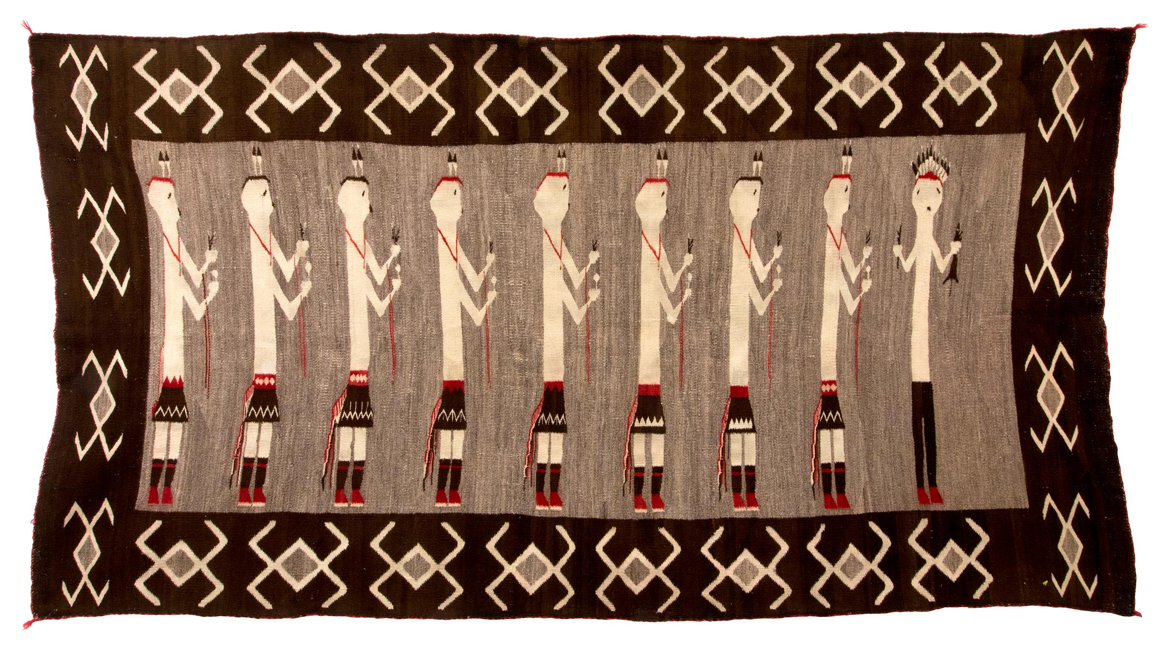 Native American Large Navajo Pictorial Yei Rug, Vintage circa 1930s, Brown Black Red White Gray