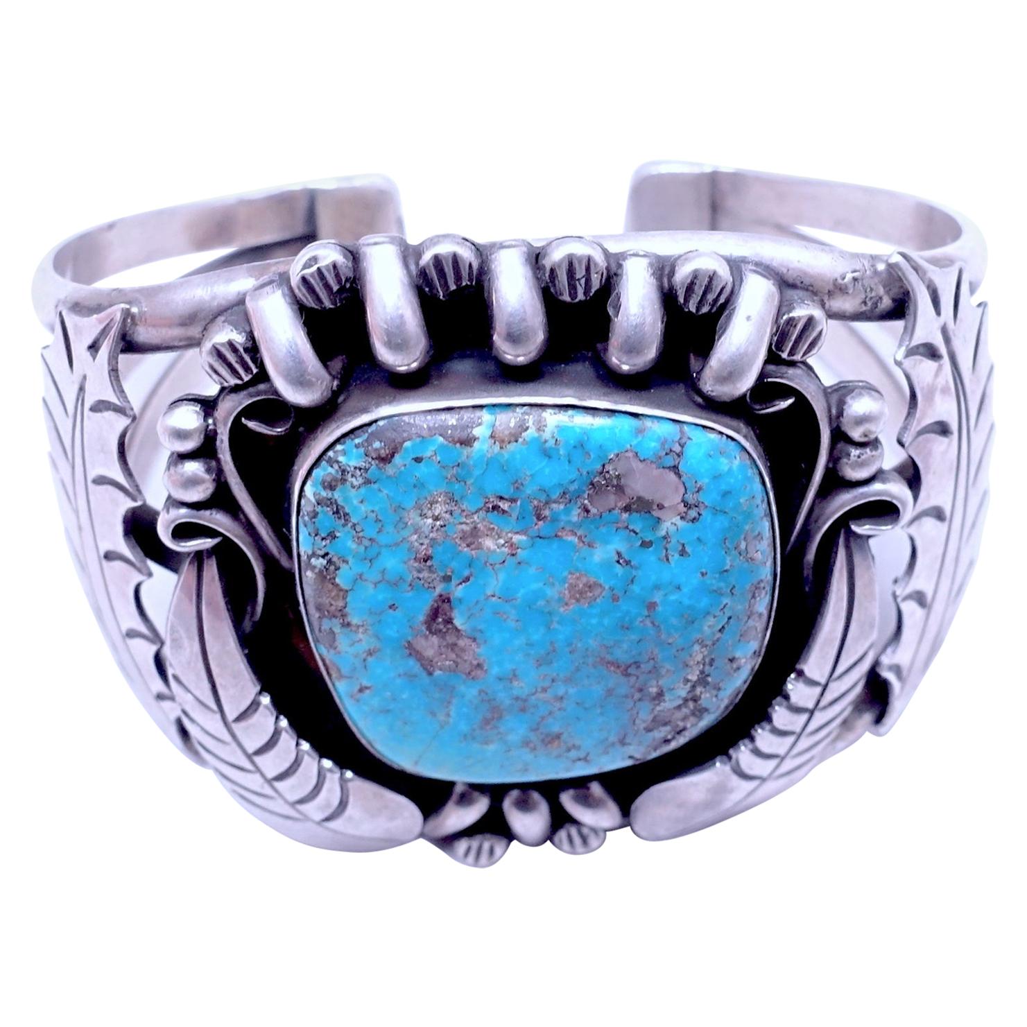 Large Navajo Signed “JP” Turquoise 
Sterling Silver Cuff For Sale