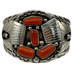 Used Large ~ Navajo ~ Sterling Silver .925 ~ Coral 1" 3/4 Wide Cuff Bracelet By DE