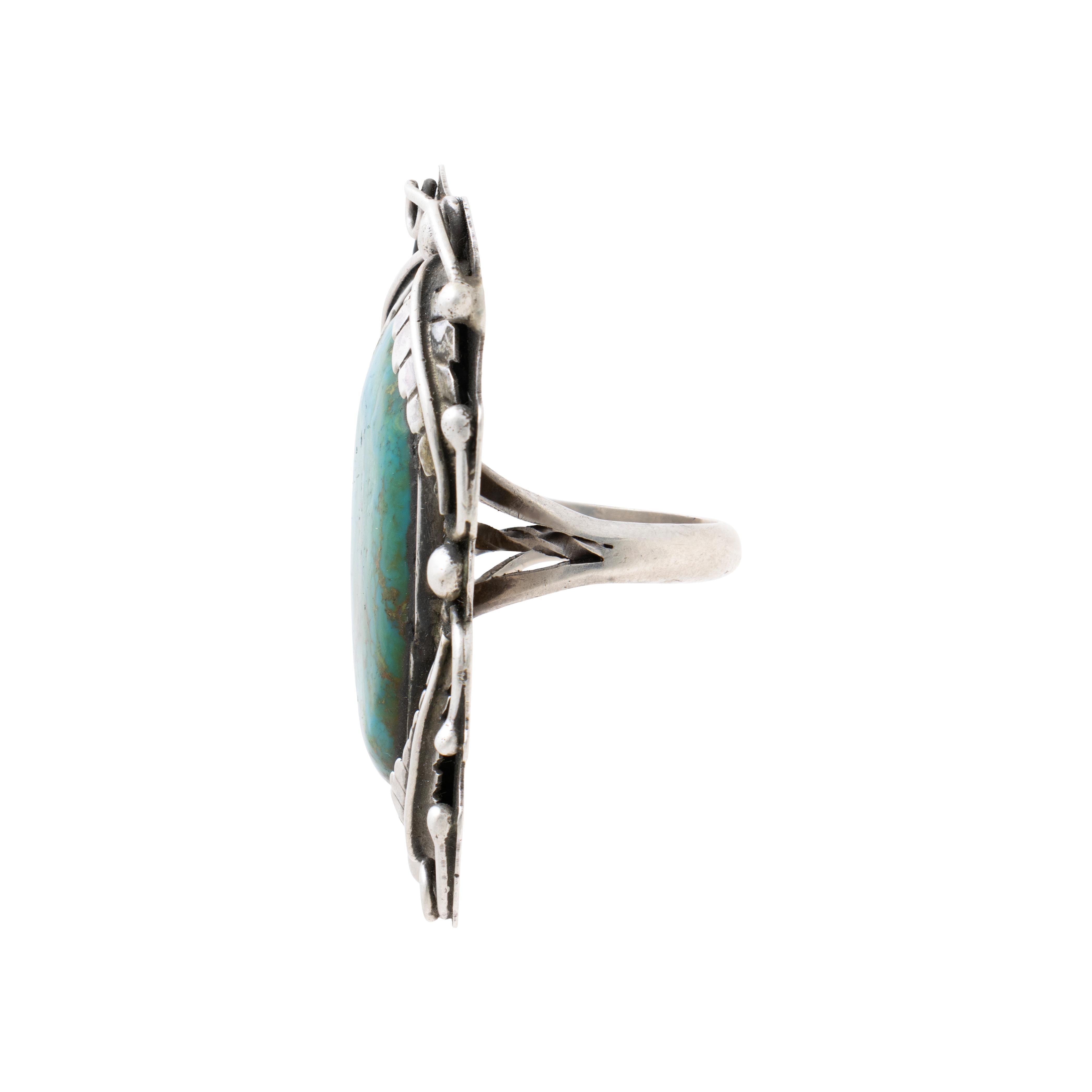 Oval Cut Large Navajo Turquoise and Sterling Silver Ring For Sale