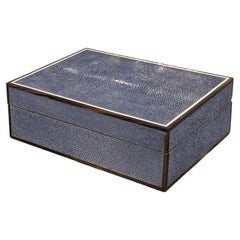 Large Navy Blue Shagreen and Macassar Ebony Box with Bone Inlay