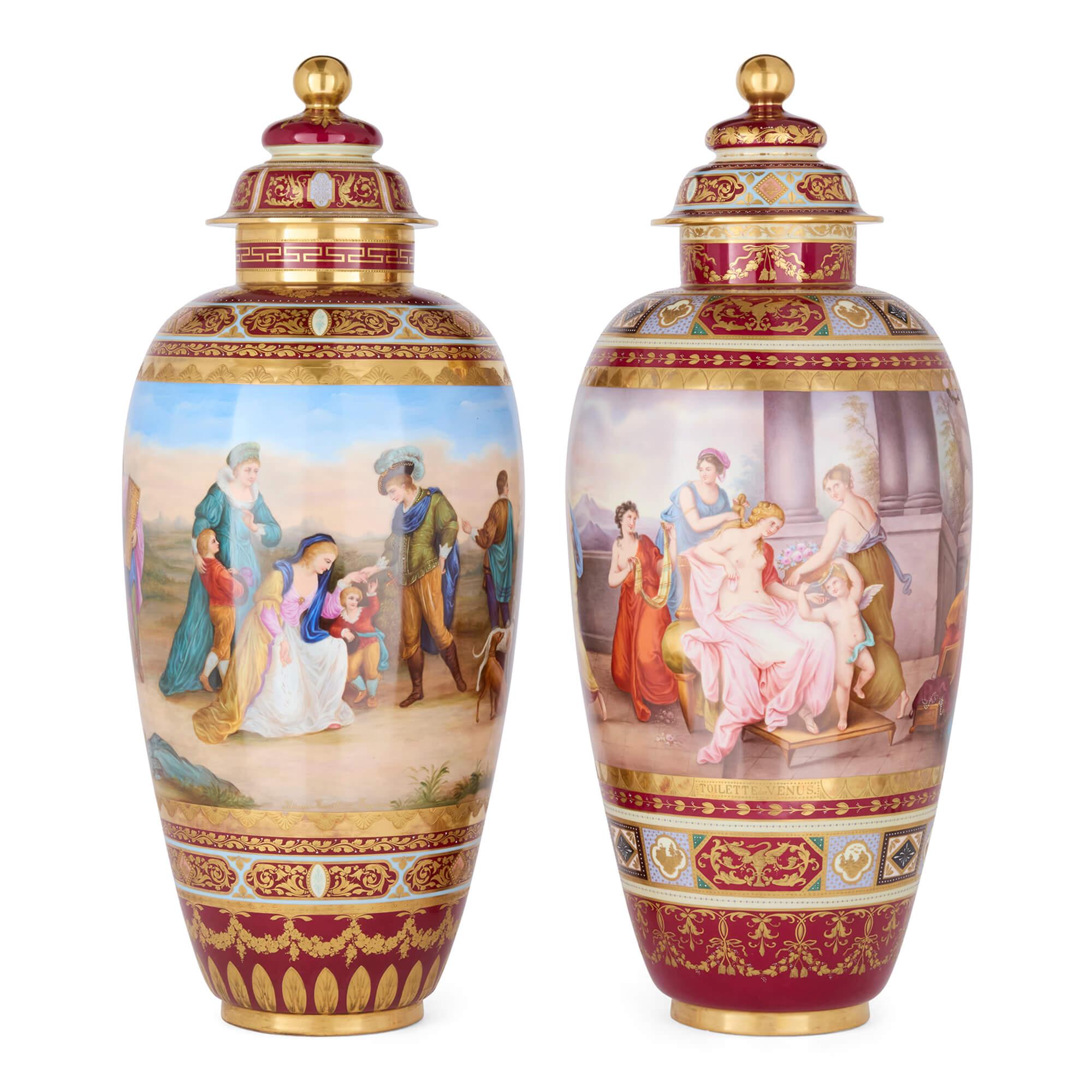 Large near pair of painted porcelain vases by Royal Vienna 
Austrian, Late 19th Century 
Height 82cm, width 34cm, depth 34cm

Crafted in the late 19th century, this near pair showcases the superb skills of Austrian artists employed at the Royal