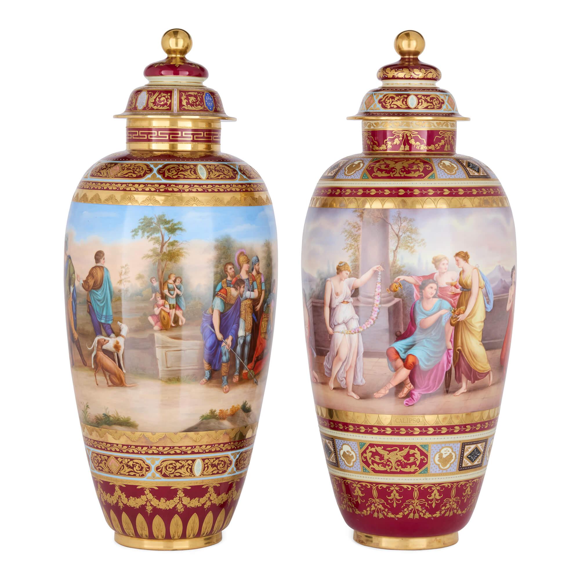 Neoclassical Large Near Pair of Painted Porcelain Vases by Royal Vienna For Sale