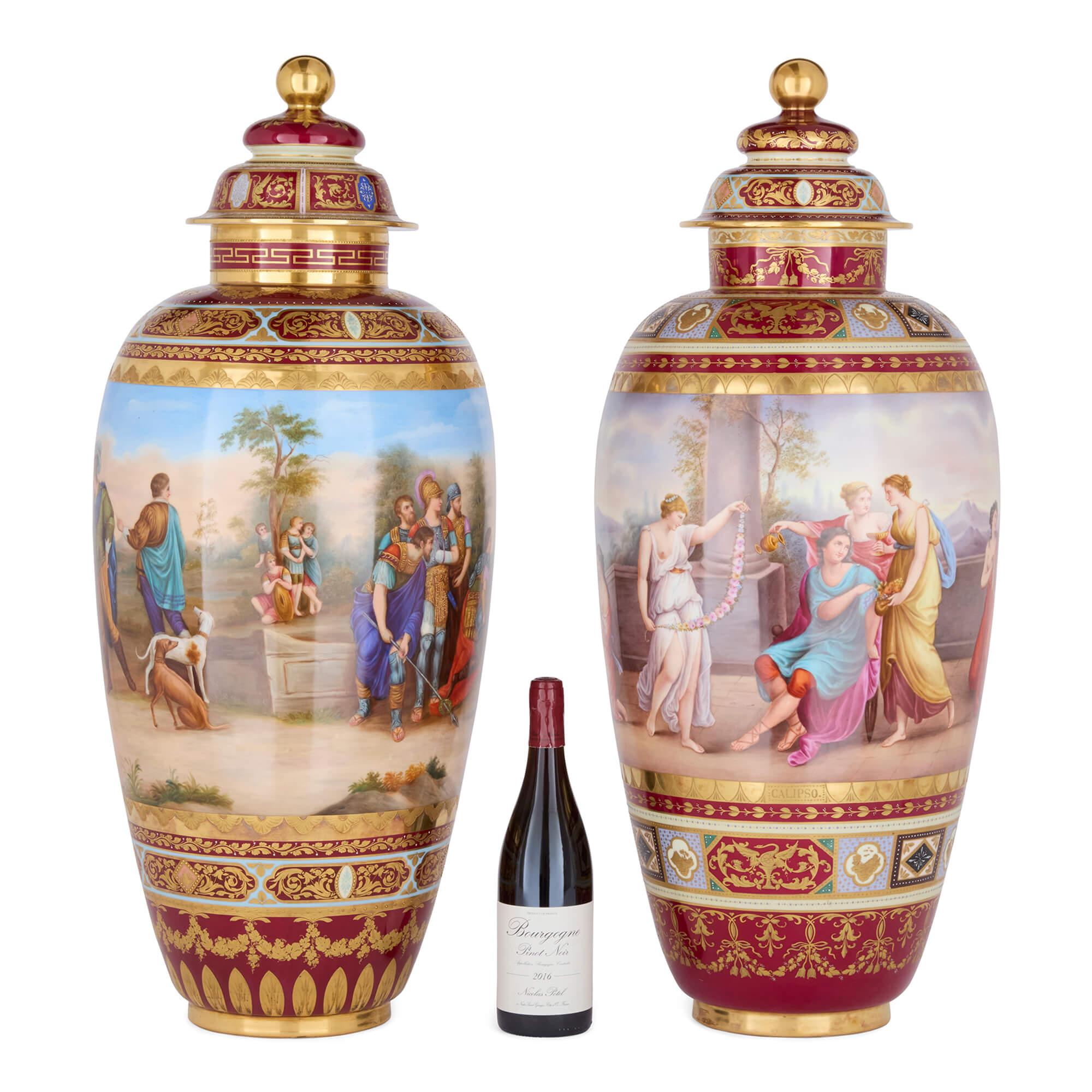Large Near Pair of Painted Porcelain Vases by Royal Vienna For Sale 2