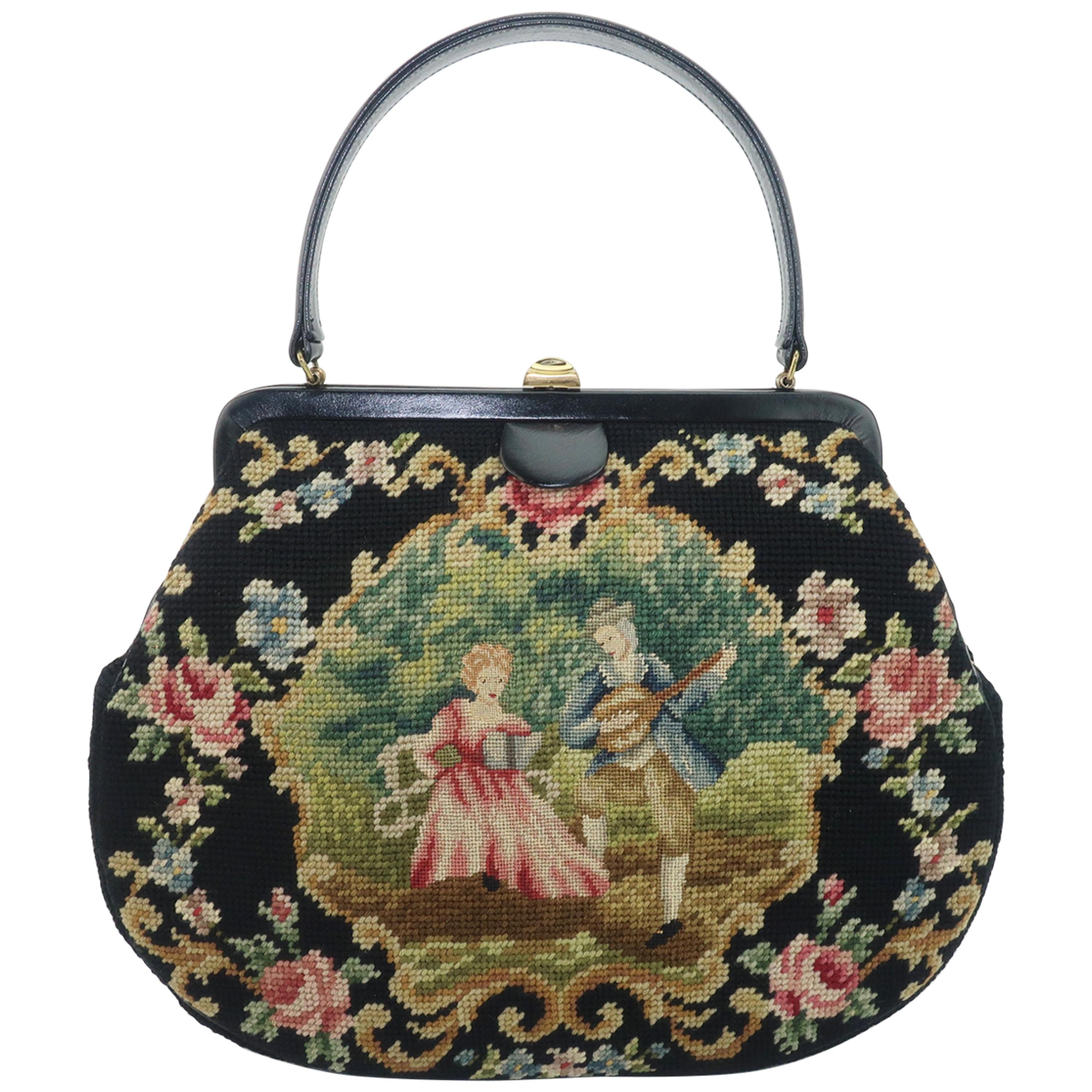 Large Needlepoint & Black Leather Handbag With Country French Scene, 1950's