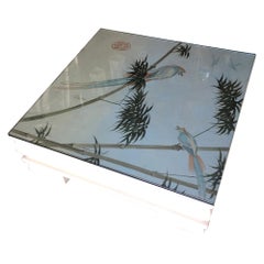 Gran Mesa de Centro Neo Art Decó con Grulla Pastel Pintada a Mano