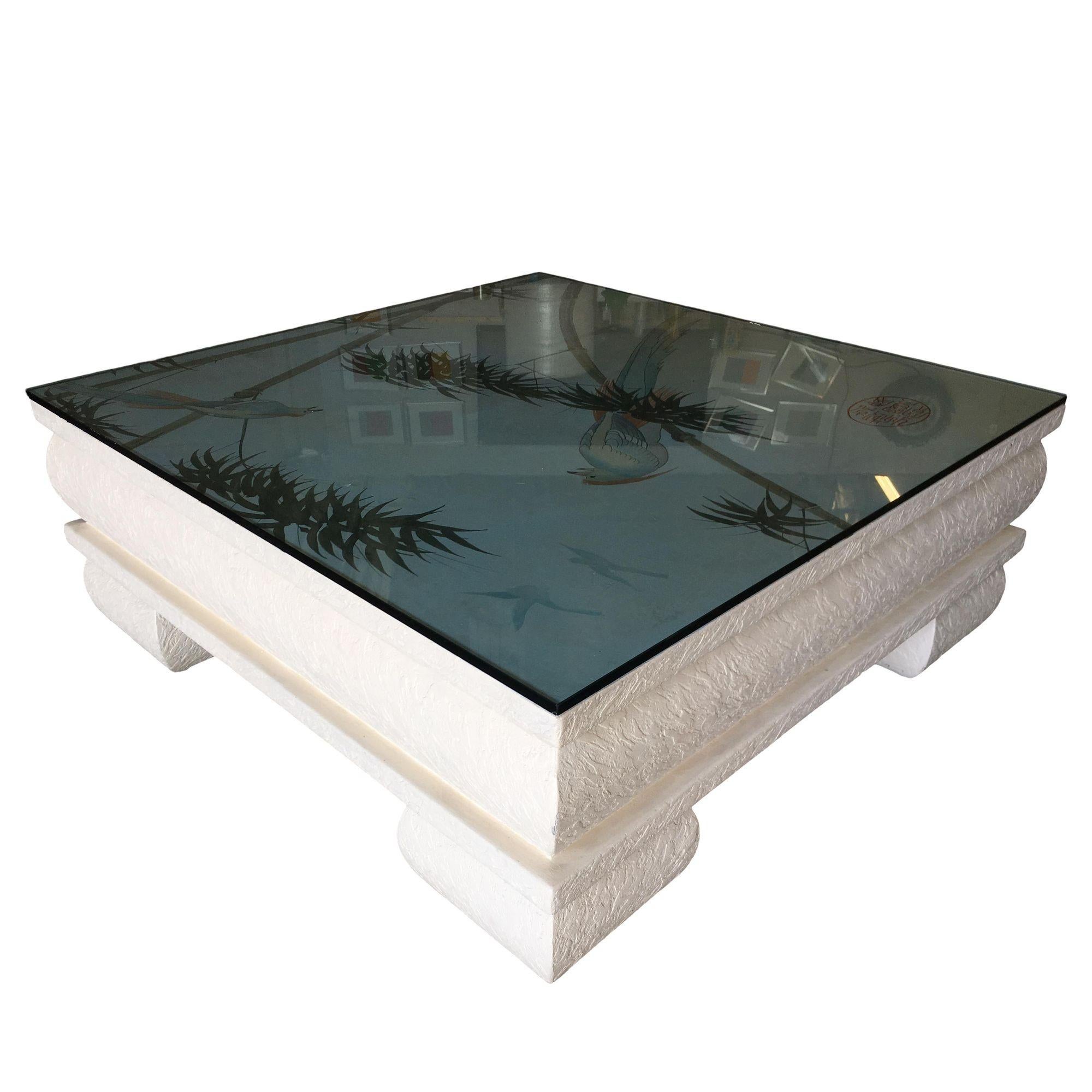 Modern Large Neo Art Deco Coffee Table with Hand Painted Crane Pastel For Sale