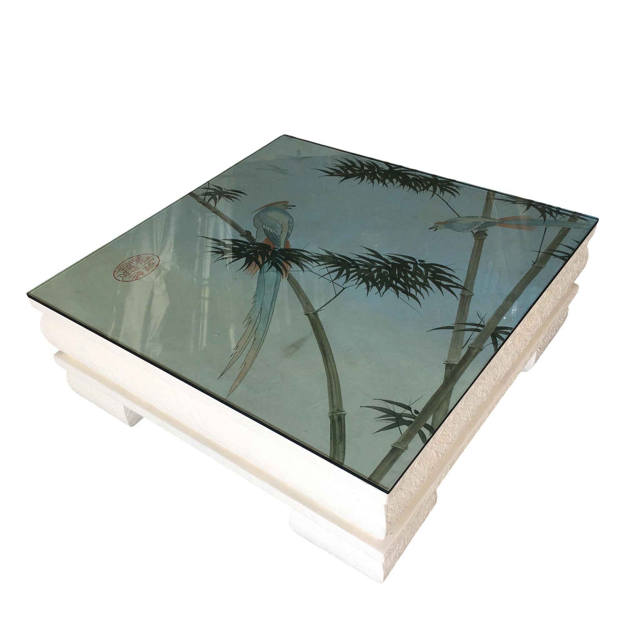 American Large Neo Art Deco Coffee Table with Hand Painted Crane Pastel For Sale