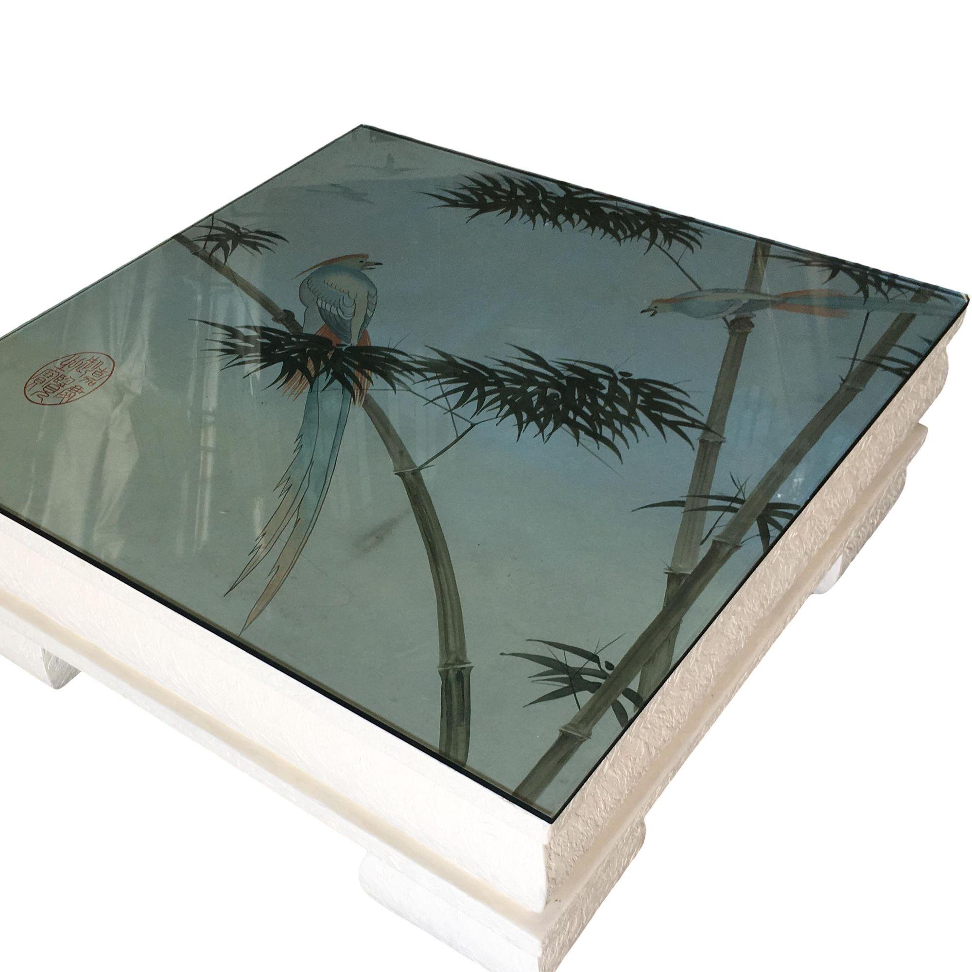 Large Neo Art Deco Coffee Table with Hand Painted Crane Pastel In Good Condition For Sale In Van Nuys, CA