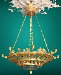 Large Neo classical Empire style Chandelier in gilt bronze and green crystal