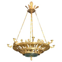 Antique Large Neo classical Empire style Chandelier in gilt bronze and green crystal 