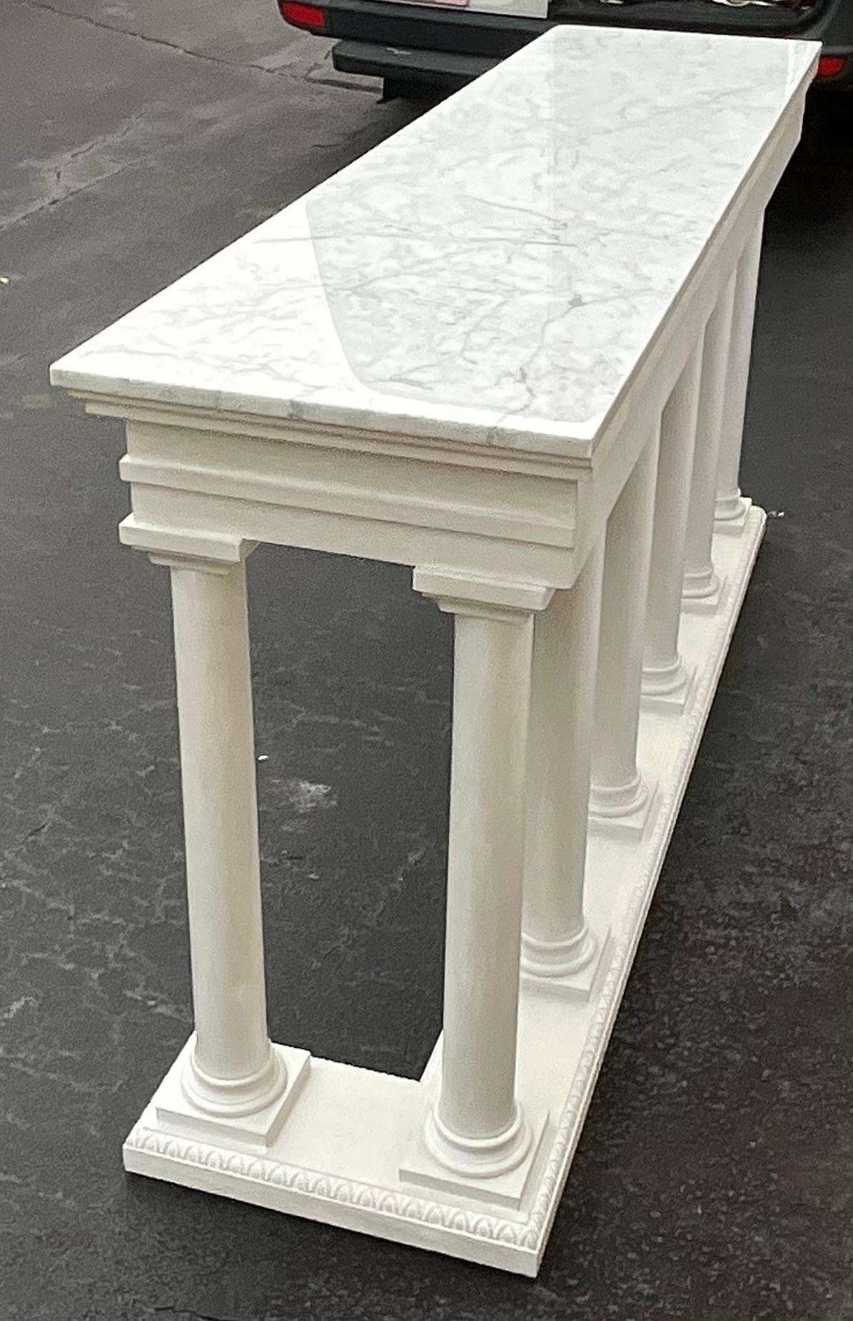 Large Neo-Classical Style White Marble Top Theodore Alexander Console Table In Good Condition In Kennesaw, GA
