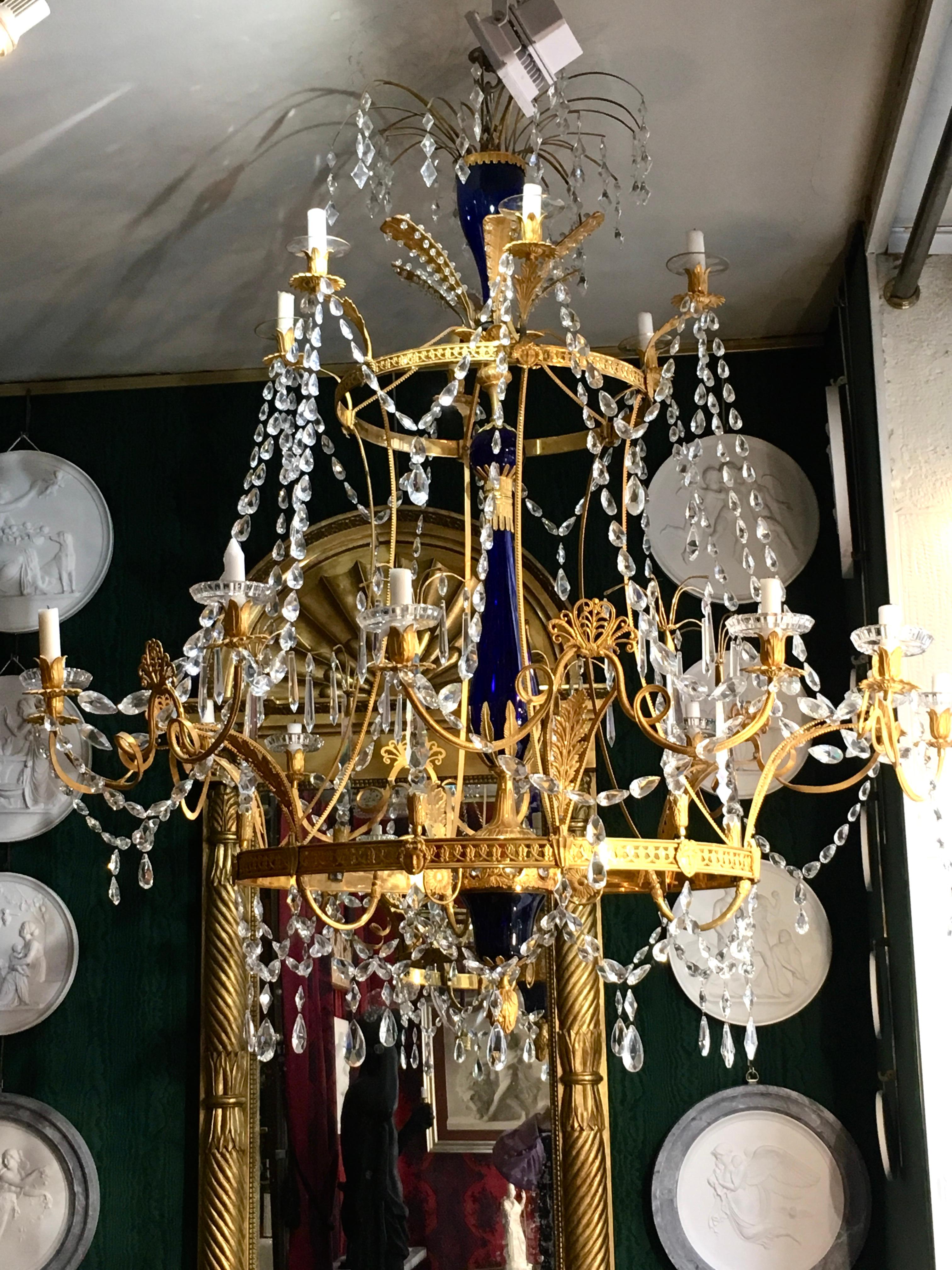 Gilt Large Neoclassic Chandelier in Ostankino Palace style, blue crystal , 18 lights  For Sale