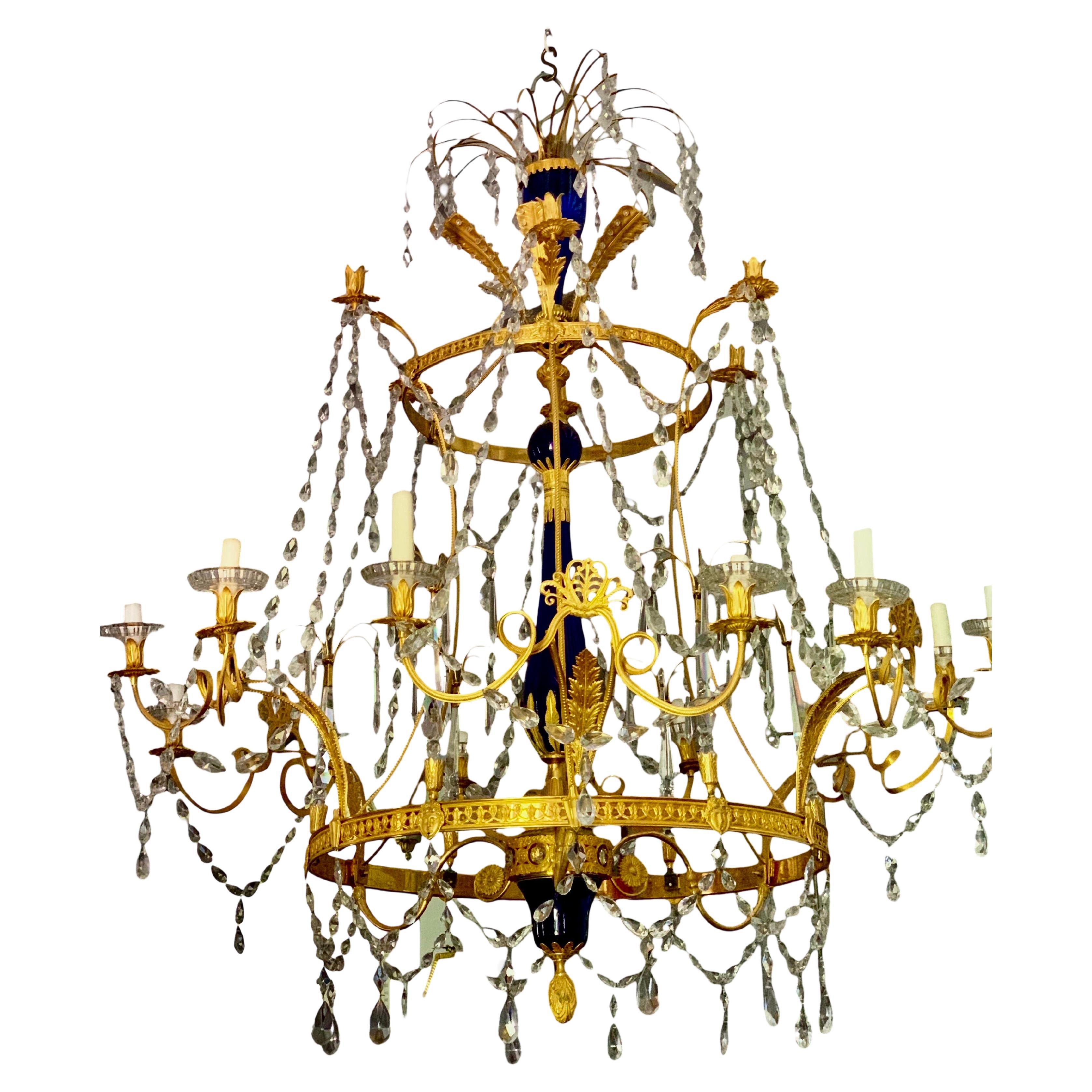 Large Neoclassic Chandelier in Ostankino Palace style, blue crystal , 18 lights 