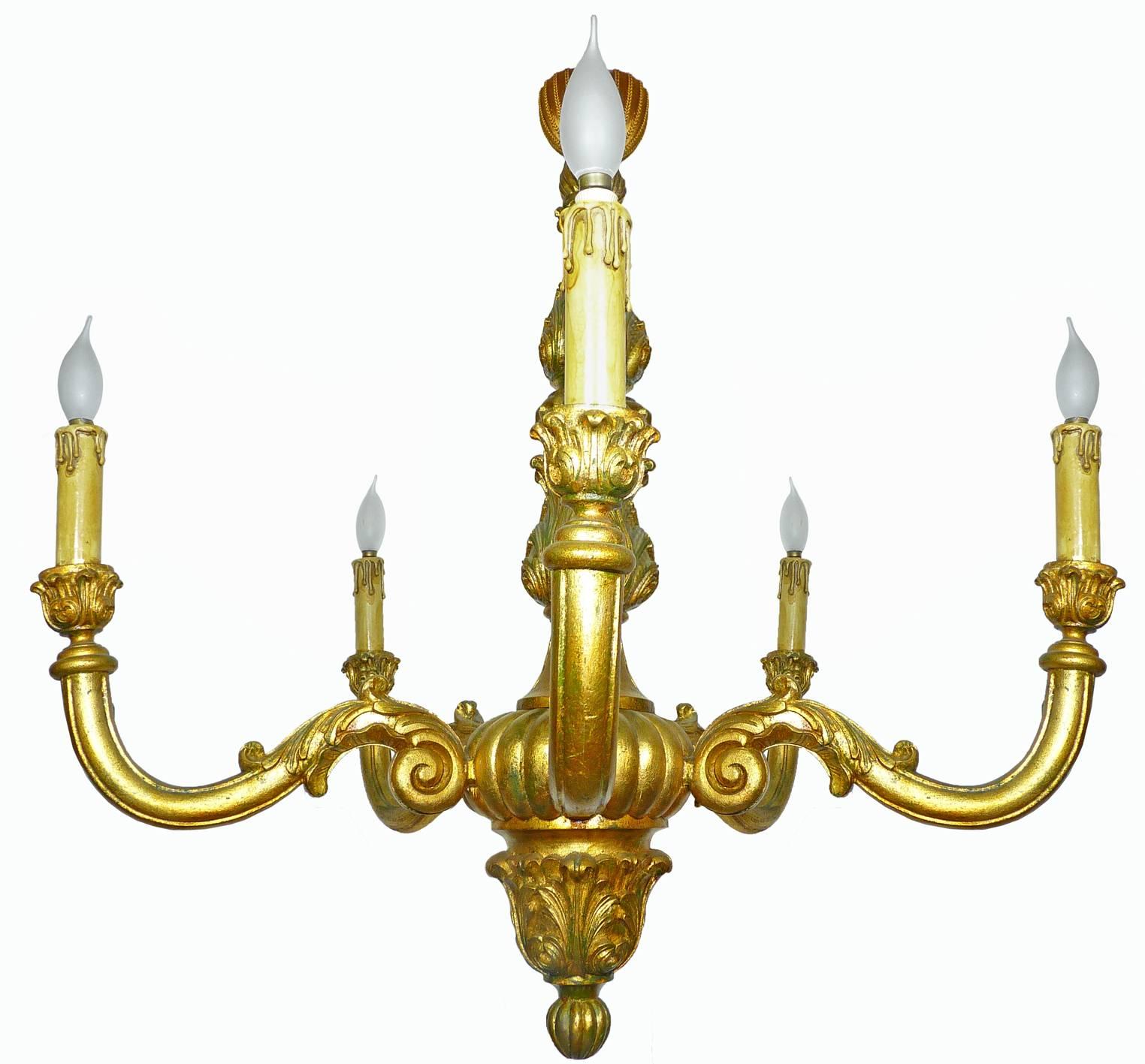 Neoclassical Large Neoclassic Wood Carved Gold Leaf Baroque Giltwood Five-Arm Chandelier