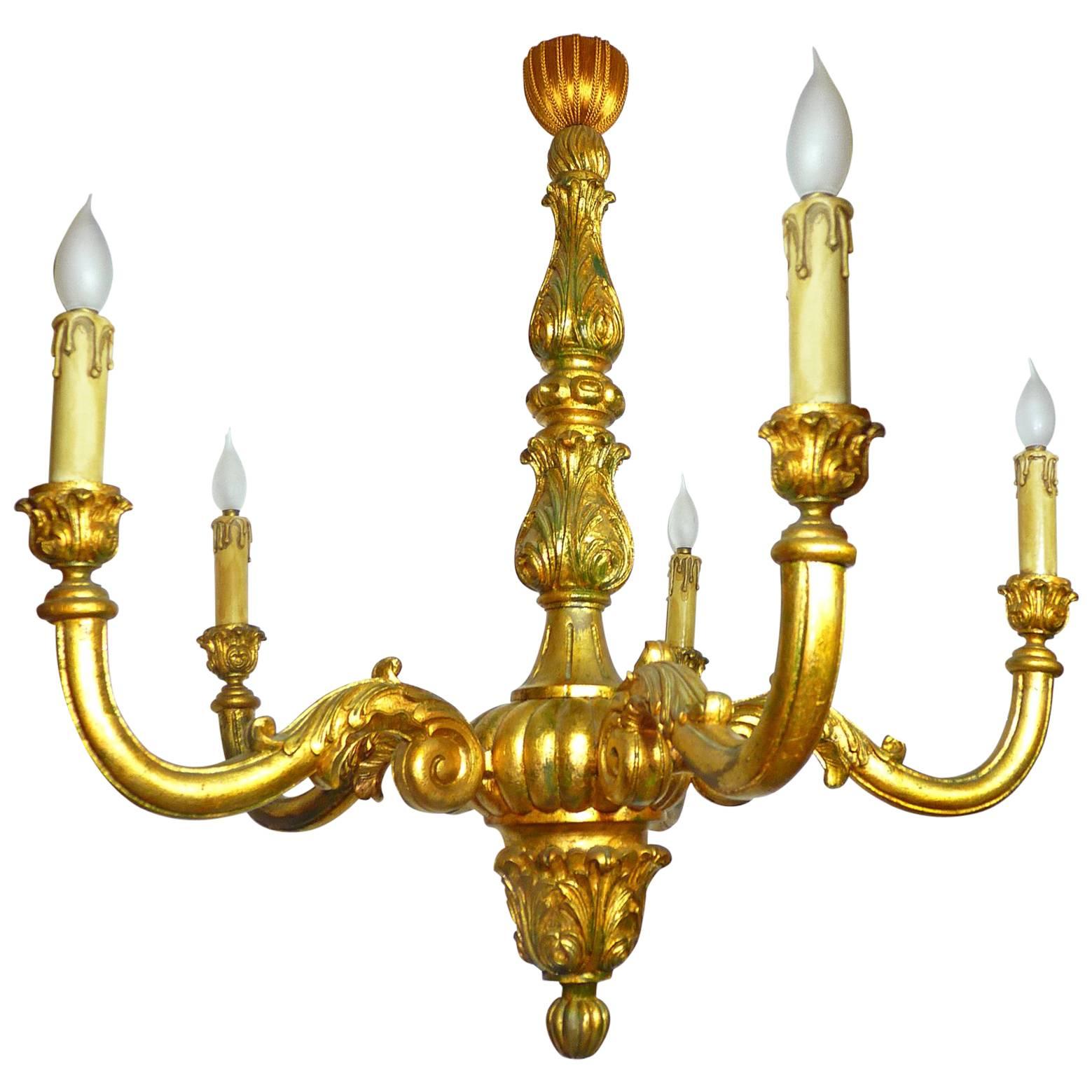 Large Neoclassic Wood Carved Gold Leaf Baroque Giltwood Five-Arm Chandelier