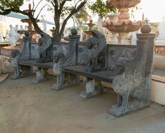 Large Neoclassical 1990s Spanish Handcarved Black Marble Bench w/ Winged Lions