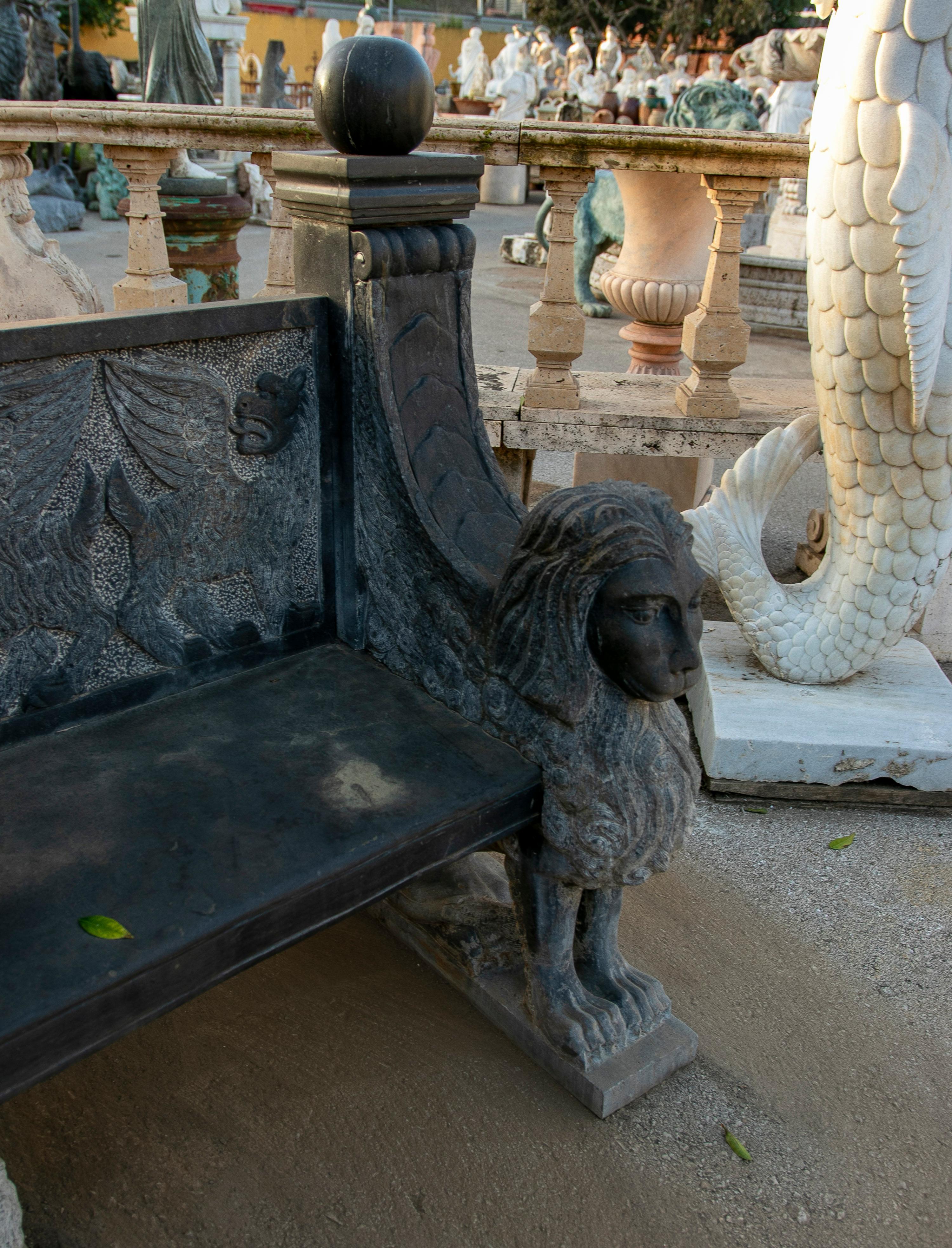 20th Century Large Neoclassical 1990s Spanish Handcarved Black Marble Bench w/ Winged Lions For Sale