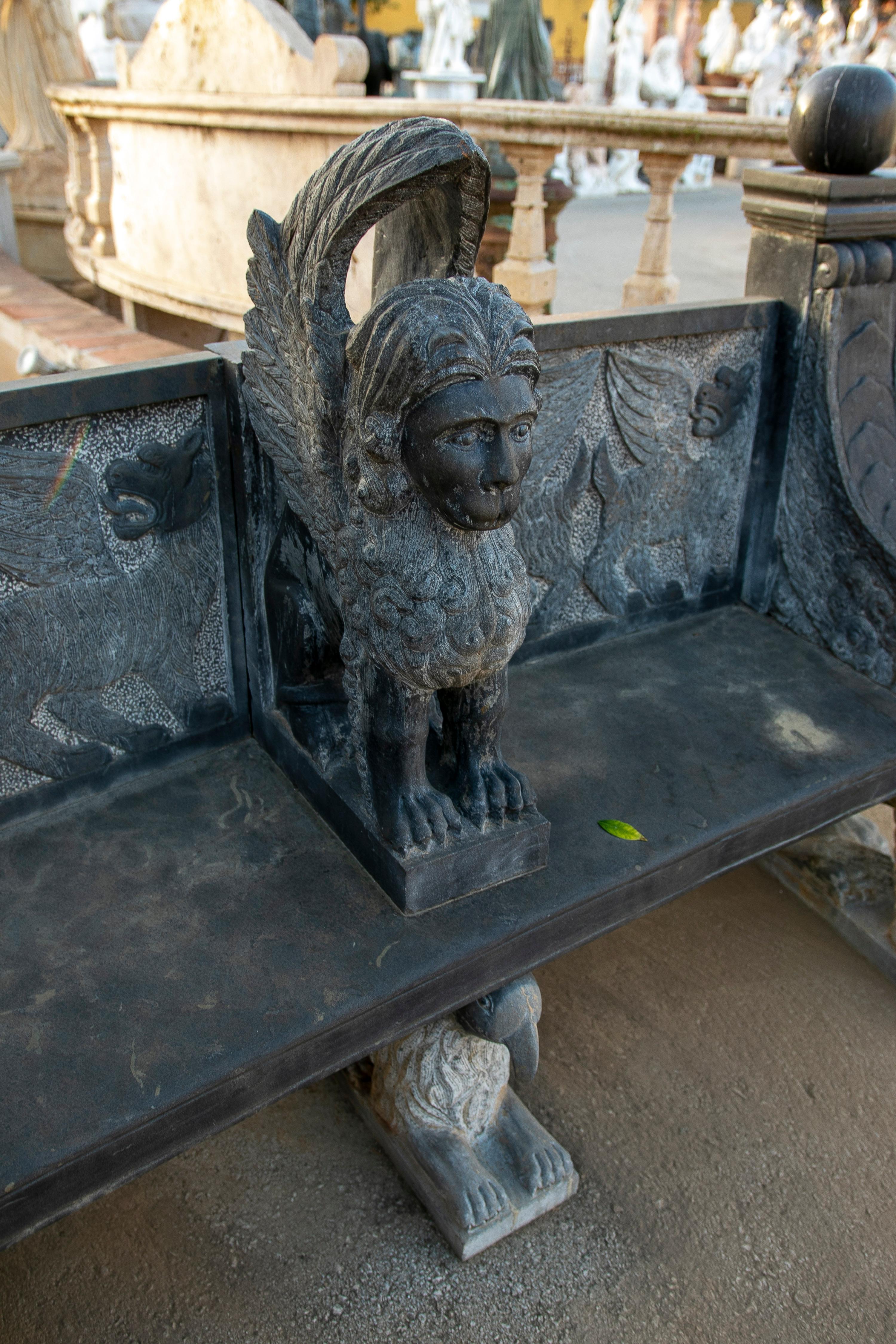Large Neoclassical 1990s Spanish Handcarved Black Marble Bench w/ Winged Lions For Sale 1
