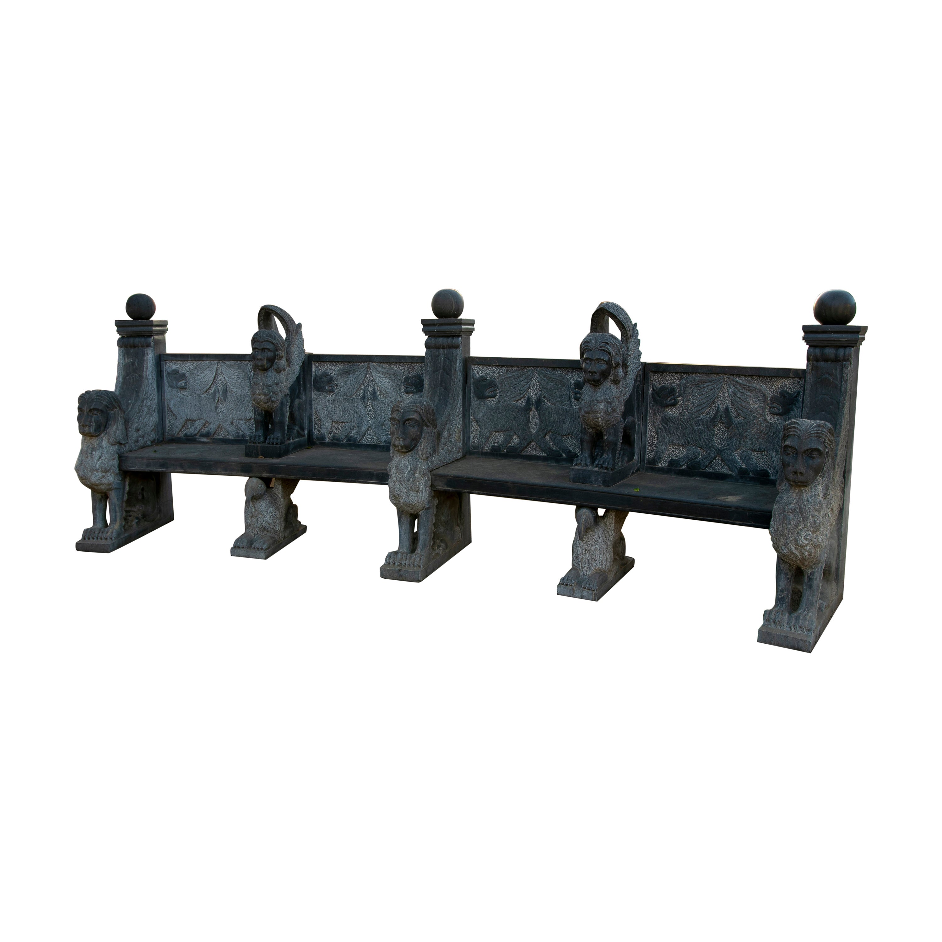 Large Neoclassical 1990s Spanish Handcarved Black Marble Bench w/ Winged Lions