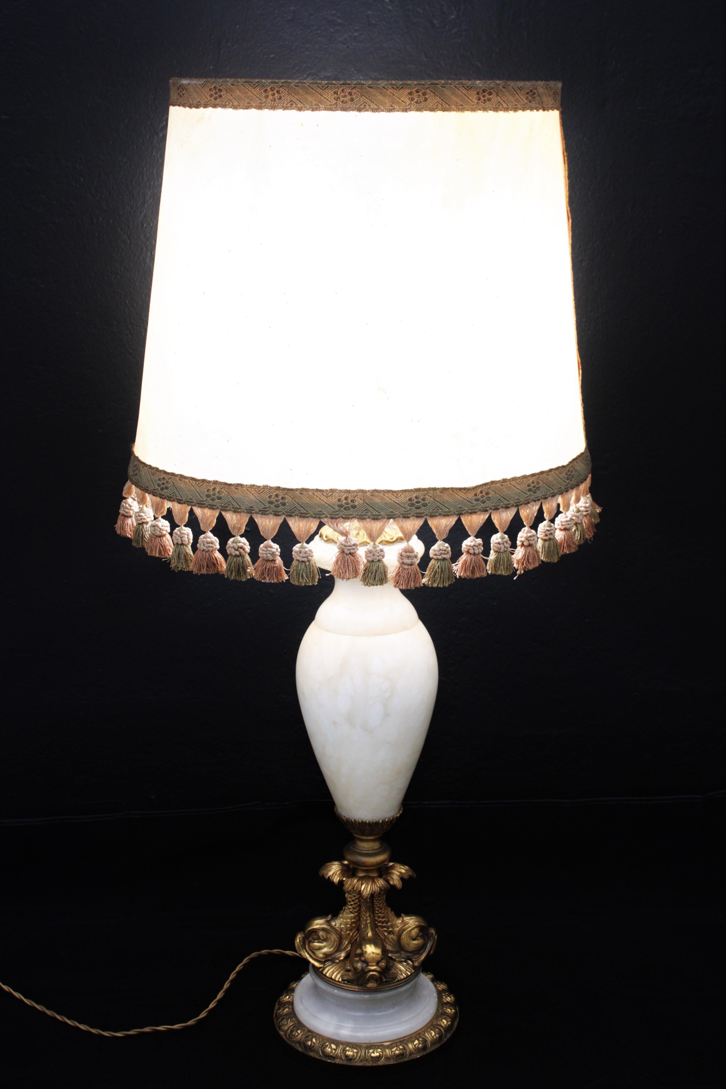 Spanish Neoclassical Alabaster Lamp with Gilt Bronze Ormolu Koi Fish Motifs For Sale