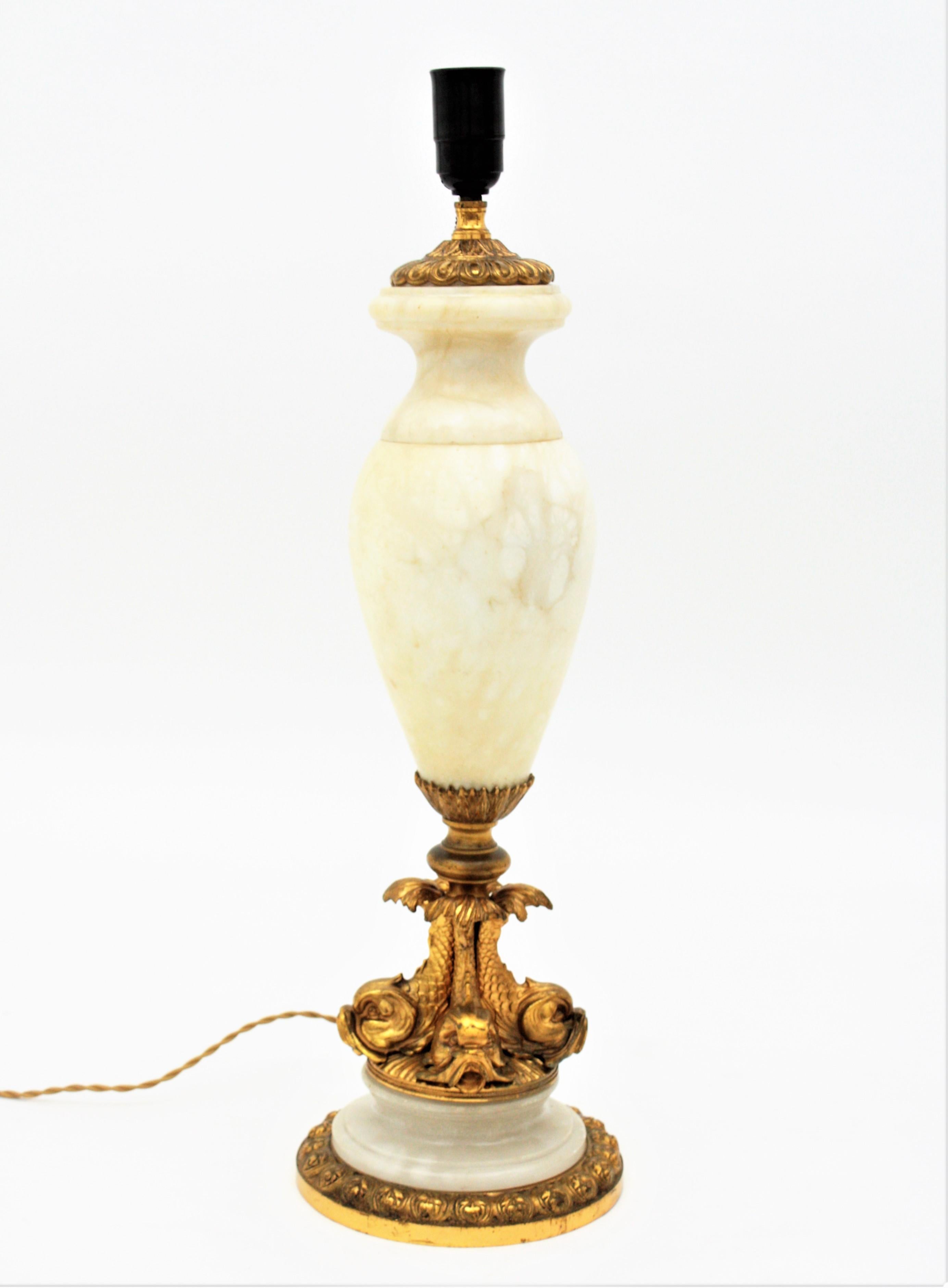 Brass Neoclassical Alabaster Lamp with Gilt Bronze Ormolu Koi Fish Motifs For Sale