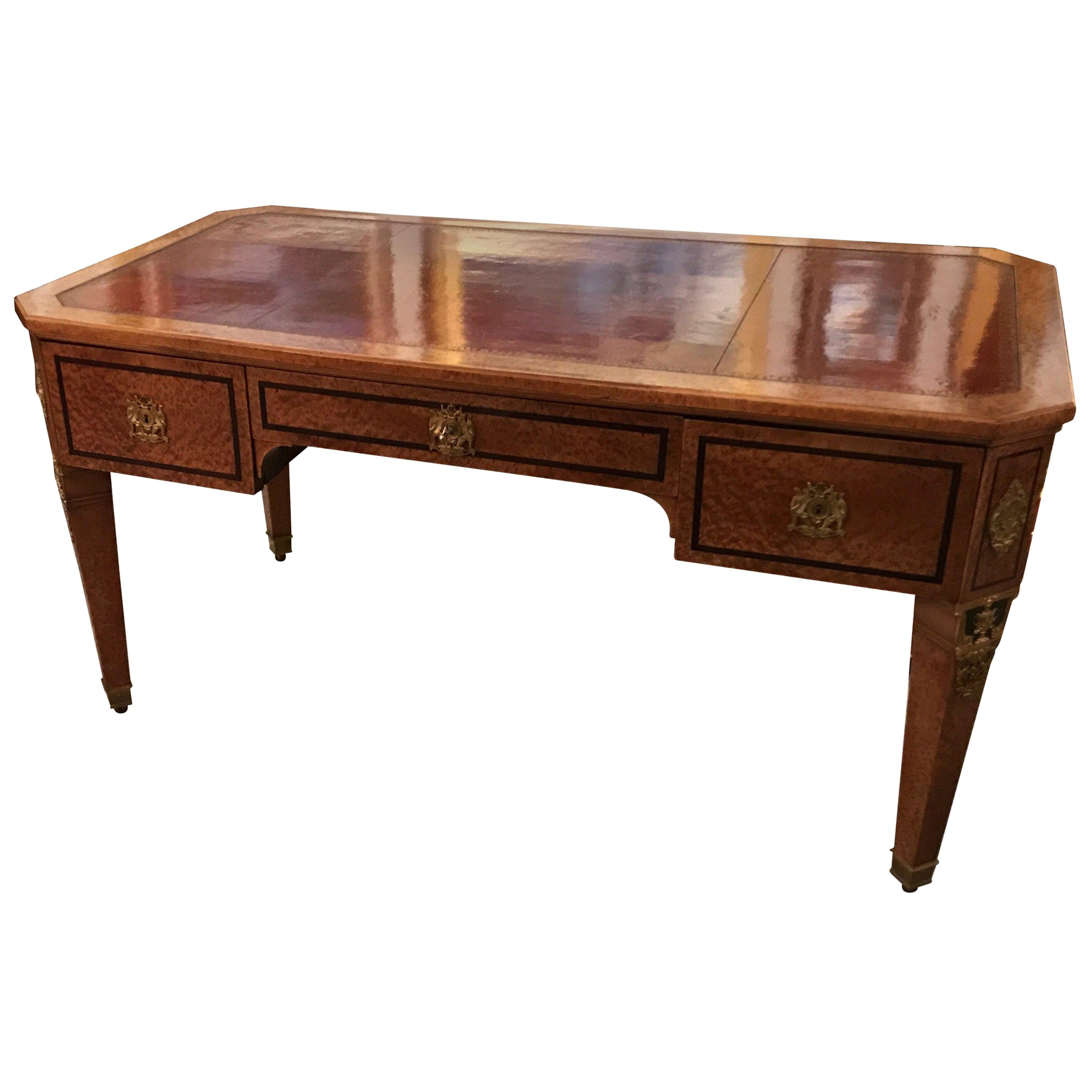 Large Neoclassical Bird's-Eye Maple Leather Top Desk
