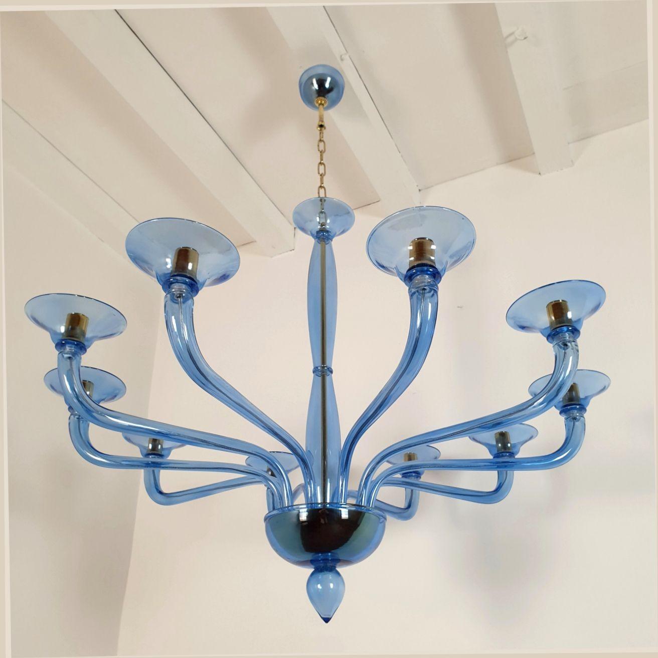 Gran araña de cristal de Murano azul moderna de mediados de siglo Italiano en venta